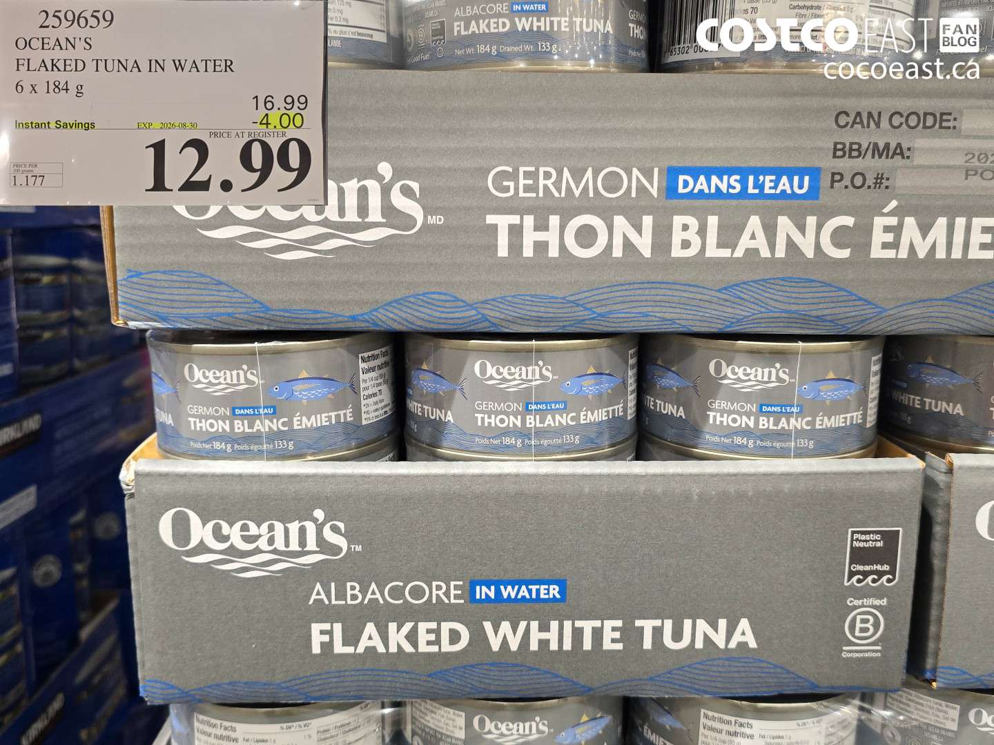 259659 OCEAN'S FLAKED TUNA IN WATER 6 X 184 G ($4.00 INSTANT SAVINGS EXPIRES ON 2026-08-30) $12.99