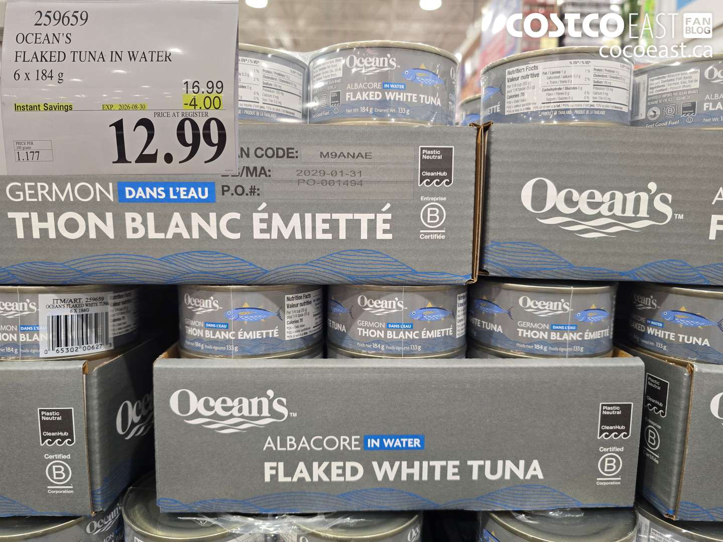 259659 OCEAN'S FLAKED TUNA IN WATER 6 X 184 G ($4.00 INSTANT SAVINGS EXPIRES ON 2026-08-30) $12.99