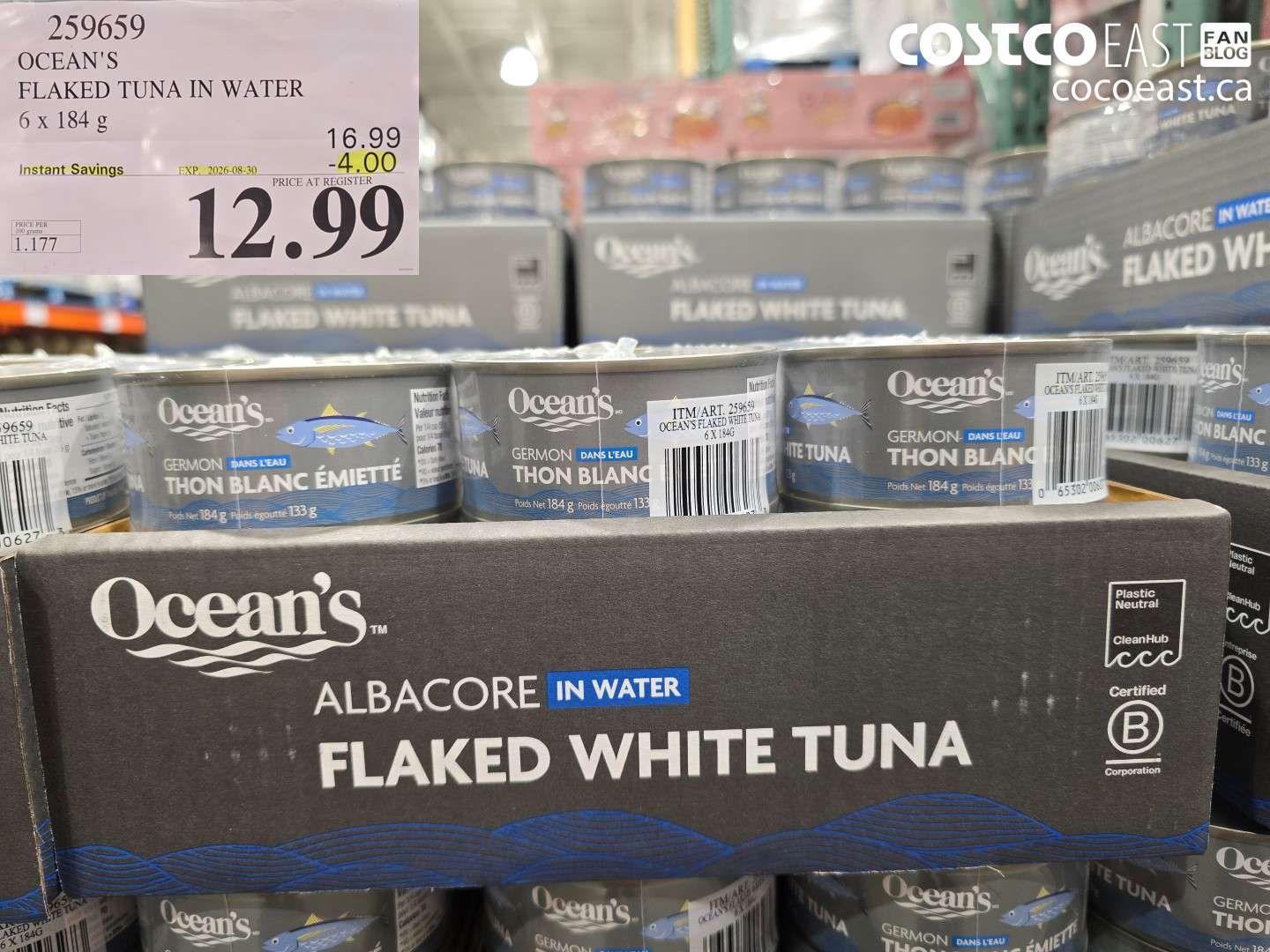 259659 OCEAN'S FLAKED TUNA IN WATER 6 X 184 G ($4.00 INSTANT SAVINGS EXPIRES ON 2026-08-30) $12.99