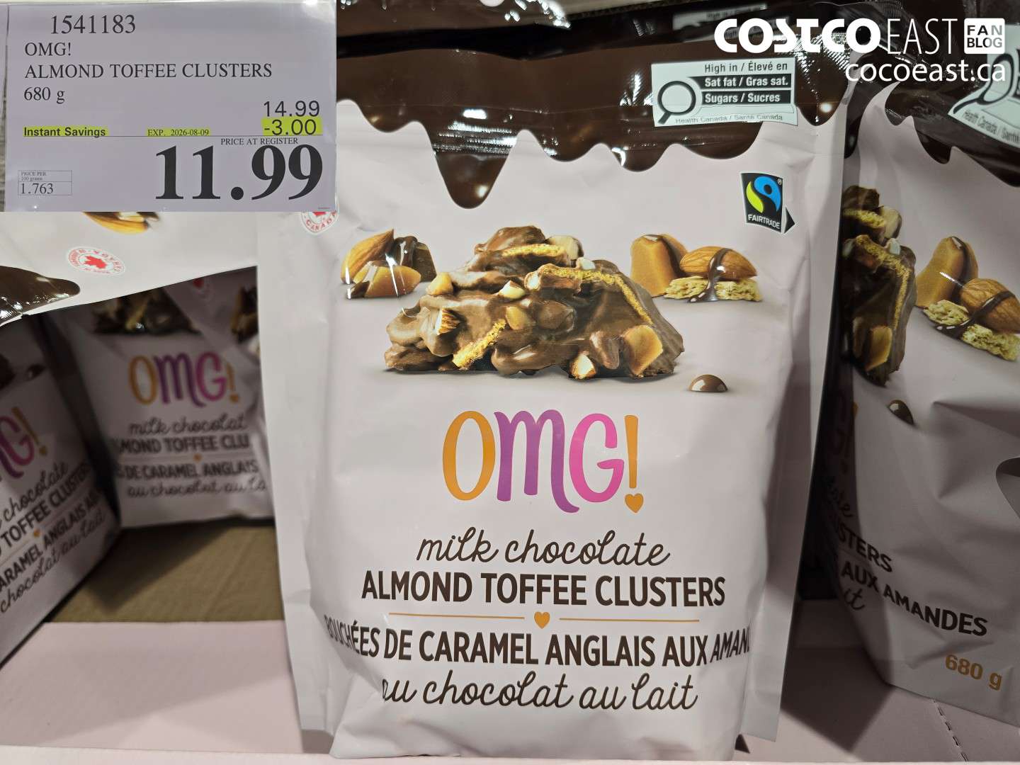 1541183 OMG! ALMOND TOFFEEE CLUSTERS 680 G ($3.00 INSTANT SAVINGS EXPIRES ON 2026-08-09) $11.99