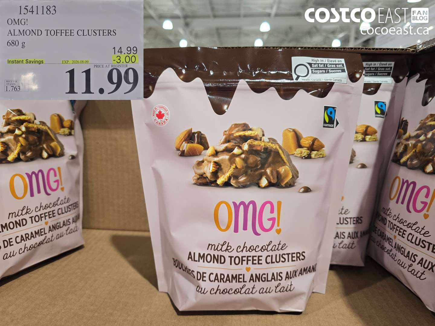1541183 OMG! ALMOND TOFFEE CLUSTERS 680 G ($3.00 INSTANT SAVINGS EXPIRES ON 2026-08-09) $11.99