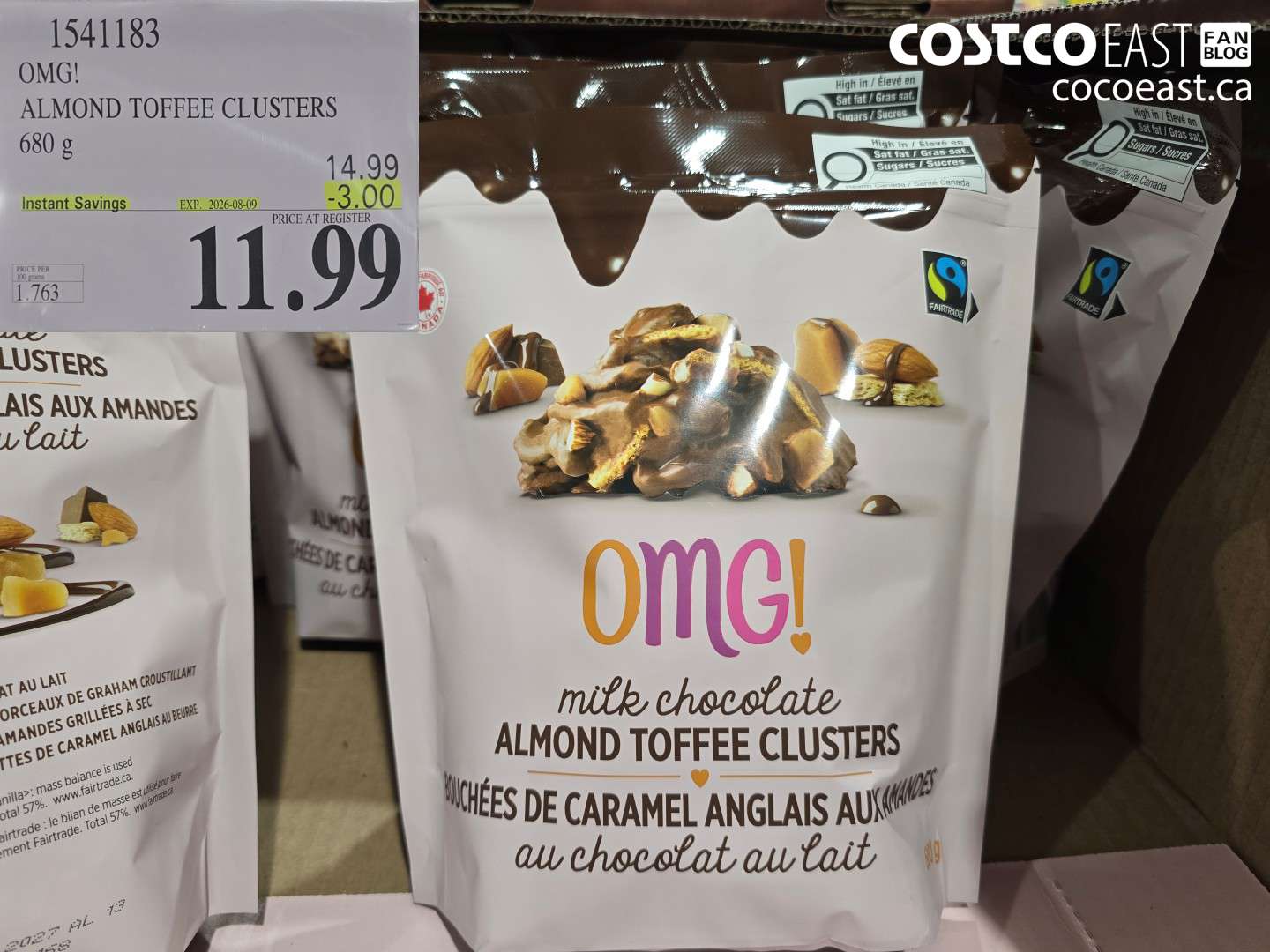 1541183 OMG! ALMOND TOFFEE CLUSTERS 680 G ($3.00 INSTANT SAVINGS EXPIRES ON 2026-08-09) $11.99