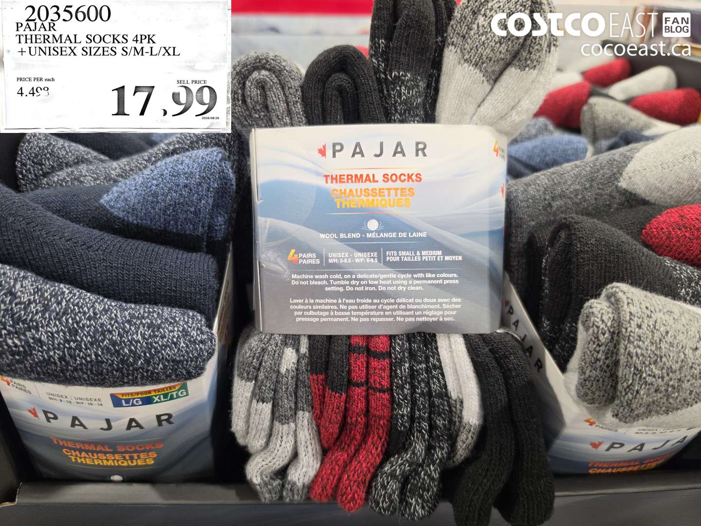 2035600 PAJAR THERMAL SOCKS 4PK UNISEX SIZES S/M-L/XL $17.99