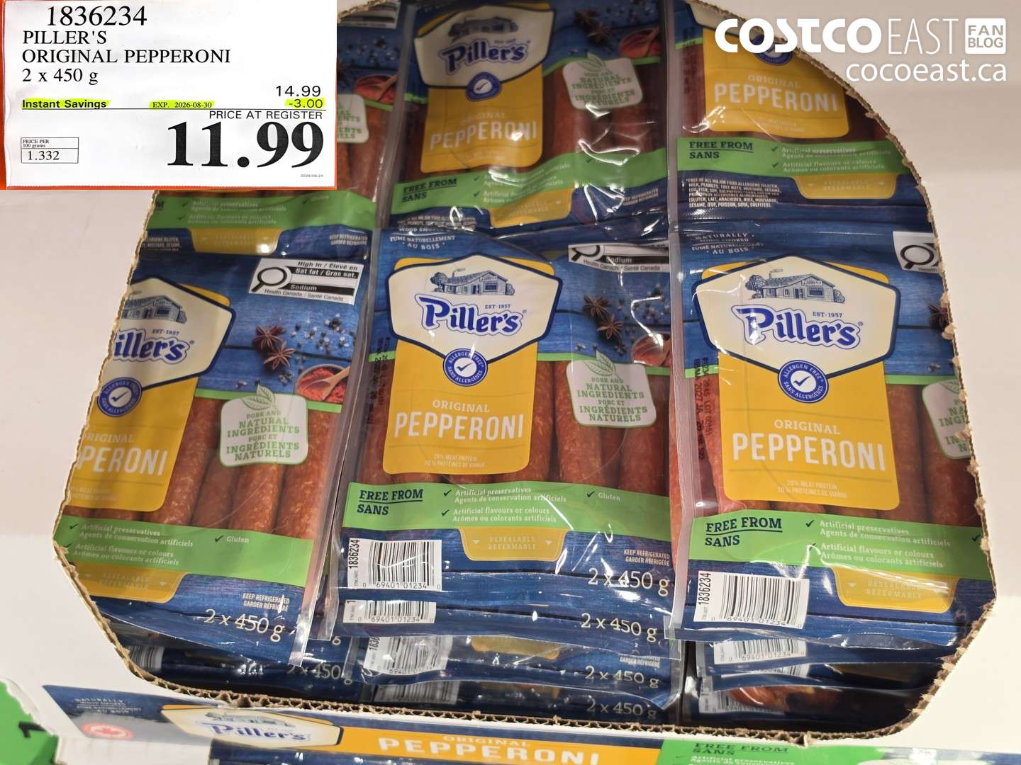 1836234 PILLER'S ORIGINAL PEPPERONI 2 X 450 G ($3.00 INSTANT SAVINGS EXPIRES ON 2026-08-30) $11.99