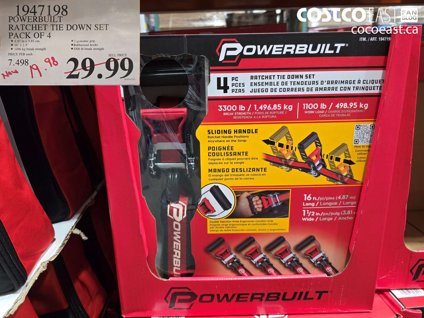 1947198 POWERBUILT RATCHET TIE DOWN SET PACK OF 4 $19.98