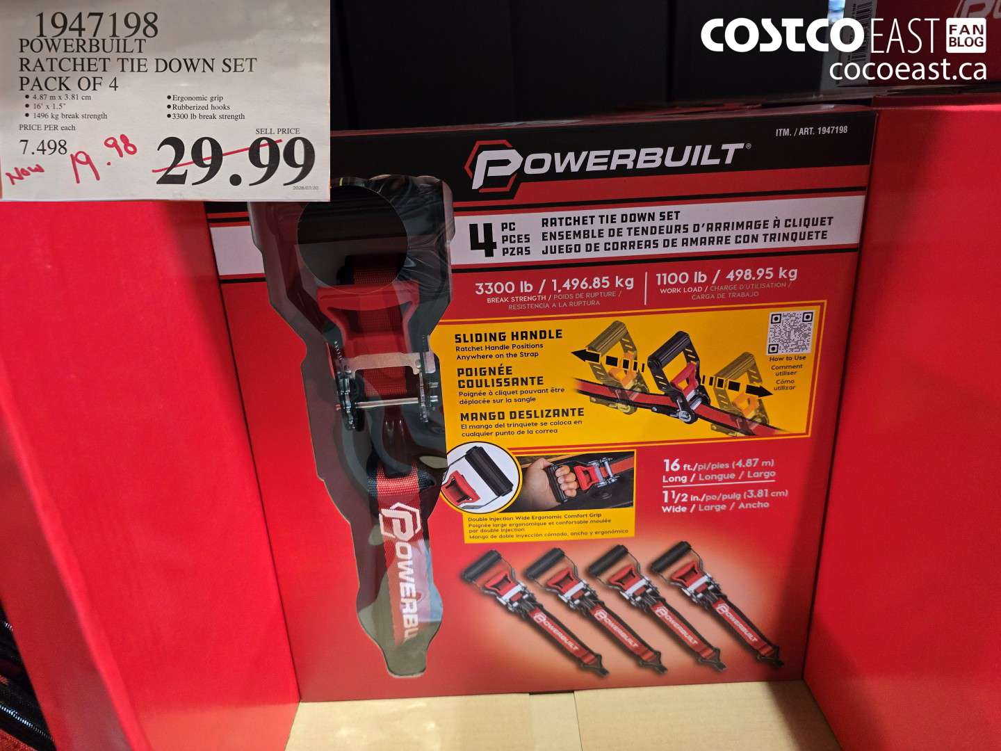 1947198 POWERBUILT RATCHET TIE DOWN SET PACK OF 4 $19.98
