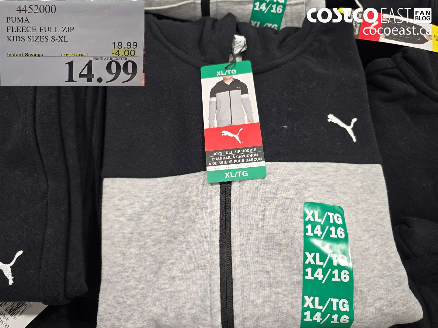 4452000 PUMA FLEECE FULL ZIP KIDS SIZES S-XL ($4.00 INSTANT SAVINGS EXPIRES ON 2026-08-30) $14.99