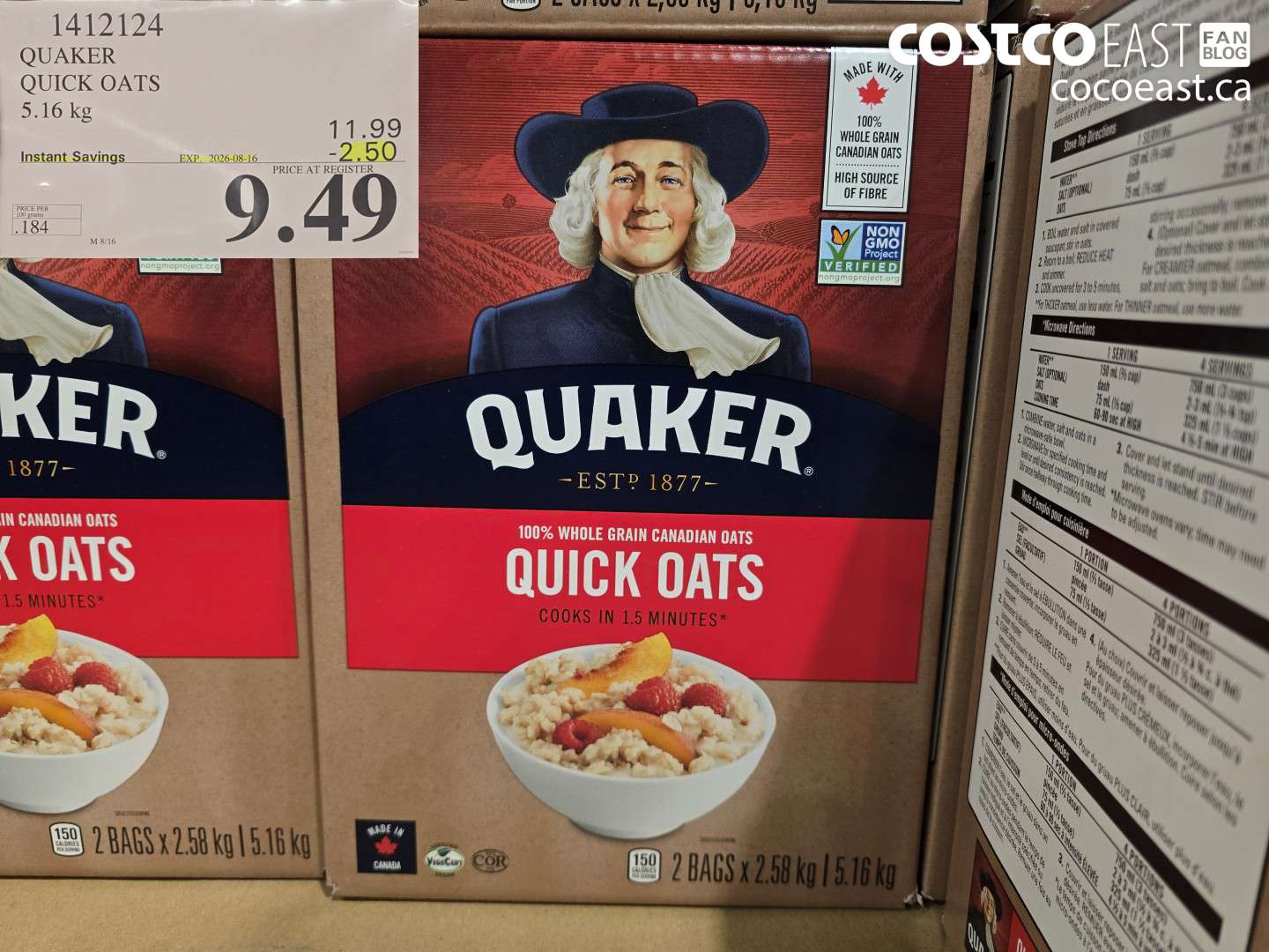1412124 QUAKER QUICK OATS 5.16 KG ($2.50 INSTANT SAVINGS EXPIRES ON 2026-08-16) $9.49