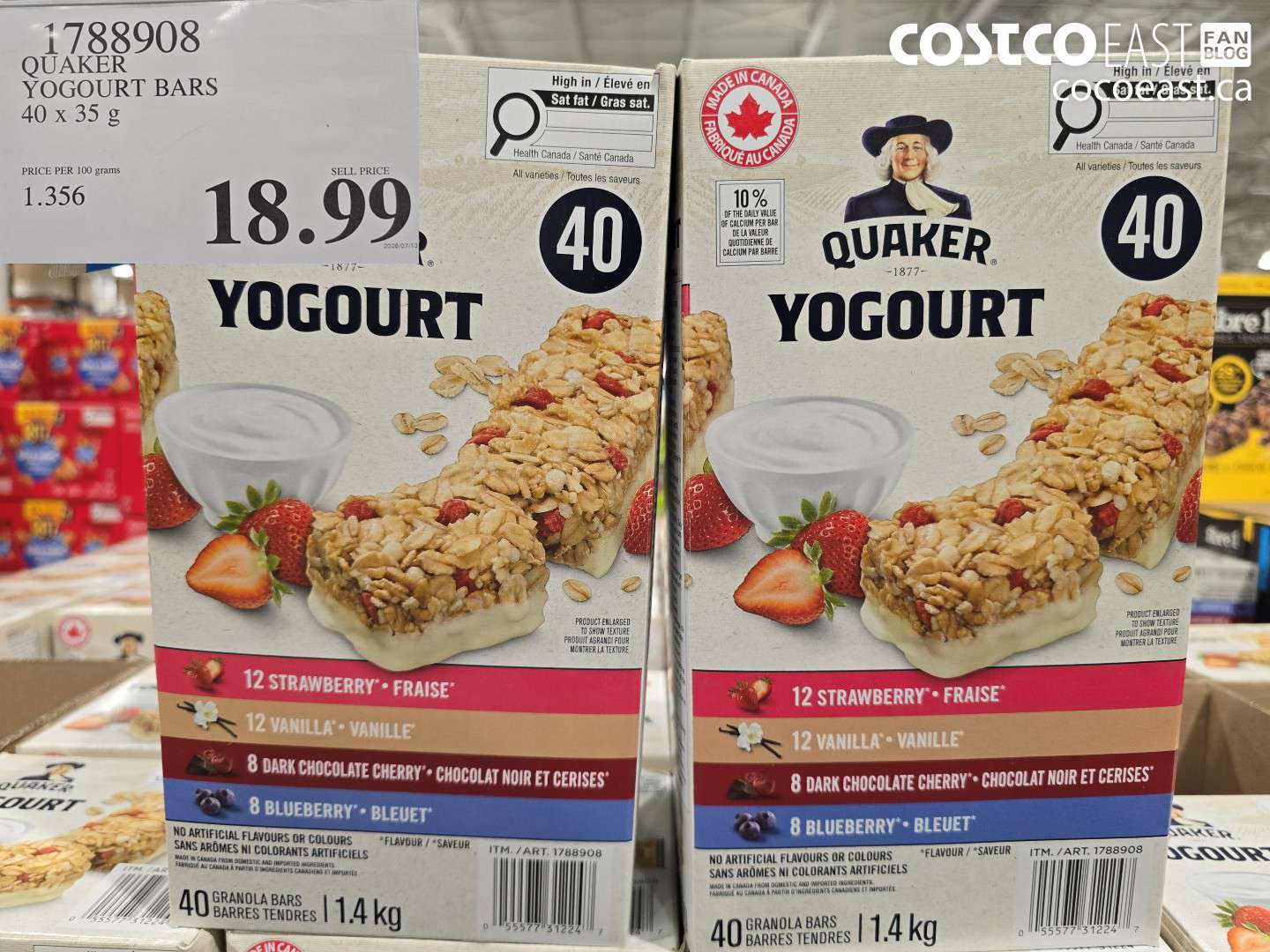 1788908 QUAKER YOGOURT BARS 40 X 35 G $18.99