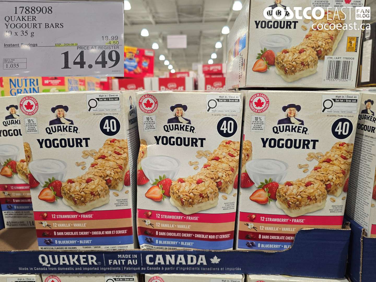 1788908 QUAKER YOGOURT BARS 40 X 35 G ($4.50 INSTANT SAVINGS EXPIRES ON 2026-08-16) $14.49