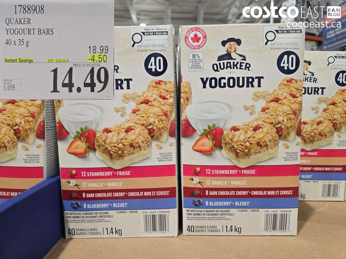 1788908 QUAKER YOGOURT BARS 40 X 35 G ($4.50 INSTANT SAVINGS EXPIRES ON 2026-08-30) $14.49