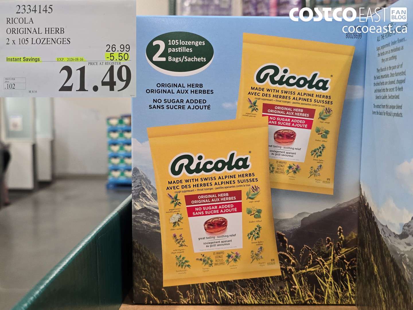 2334145 RICOLA ORIGINAL HERB 2 X 105 LOZENGES ($5.50 INSTANT SAVINGS EXPIRES ON 2026-08-16) $21.49