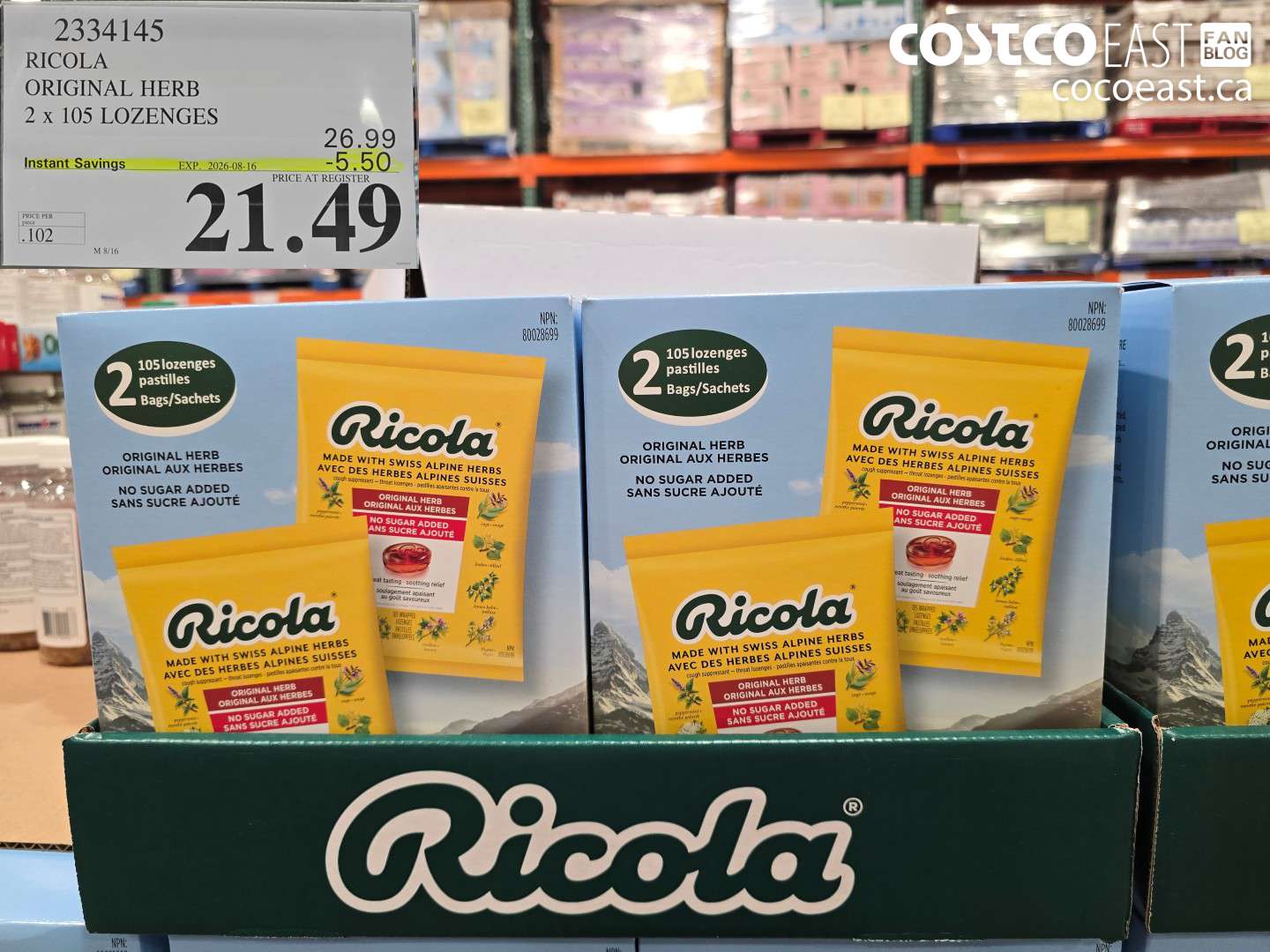 2334145 RICOLA ORIGINAL HERB 2 X 105 LOZENGES ($5.50 INSTANT SAVINGS EXPIRES ON 2026-08-16) $21.49