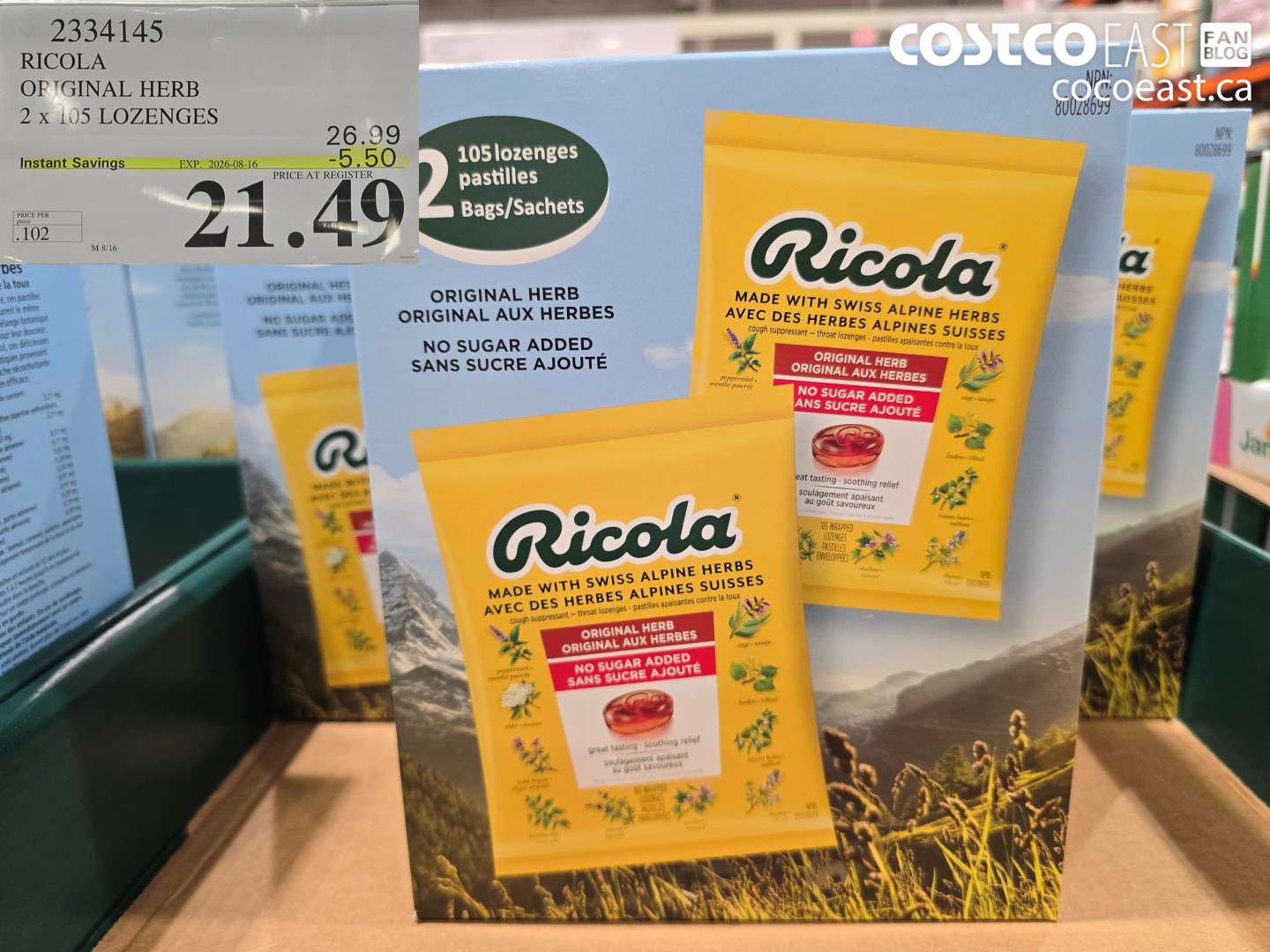 2334145 RICOLA ORIGINAL HERB 2 X 105 LOZENGES ($5.50 INSTANT SAVINGS EXPIRES ON 2026-08-16) $21.49