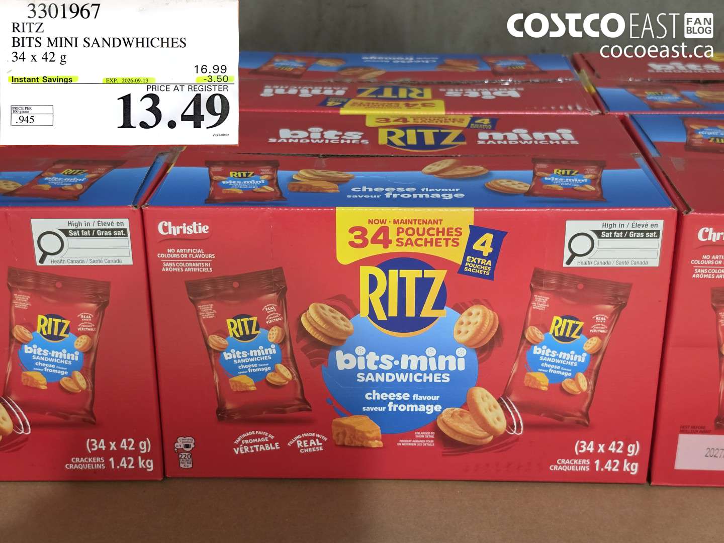 3301967 RITZ BITS MINI SANDWHICHES 34 X 42 G ($3.50 INSTANT SAVINGS EXPIRES ON 2026-09-13) $13.49
