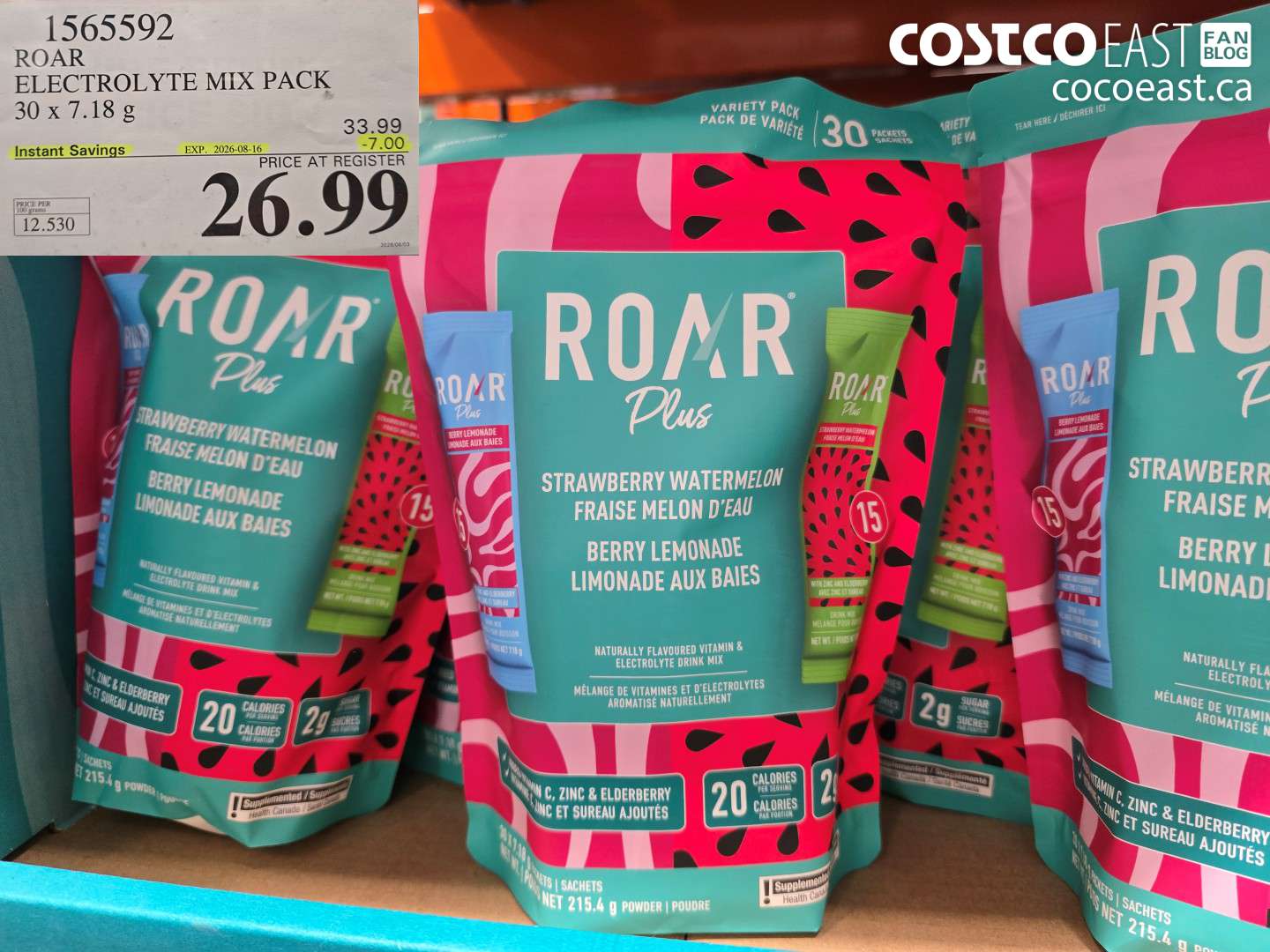 1565592 ROAR ELECTROLYTE MIX PACK 30 X 7.18 G ($7.00 INSTANT SAVINGS EXPIRES ON 2026-08-16) $26.99