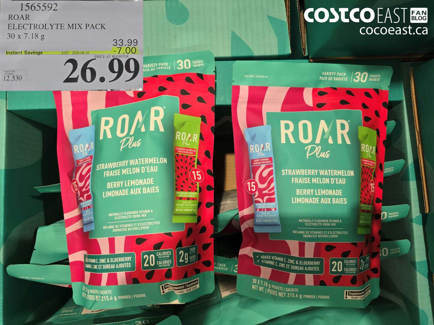 1565592 ROAR ELECTROLYTE MIX PACK 30 X 7.18 G ($7.00 INSTANT SAVINGS EXPIRES ON 2026-08-16) $26.99