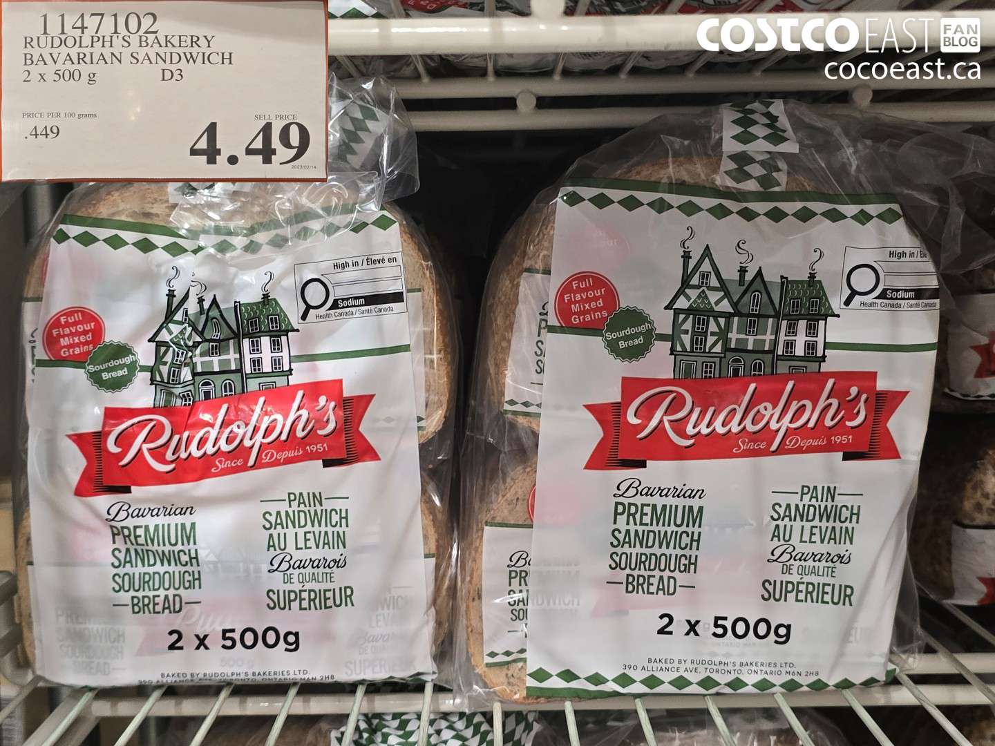 1147102 RUDOLPH'S BAKERY BAVARIAN SANDWICH 2 X 500 G $4.49