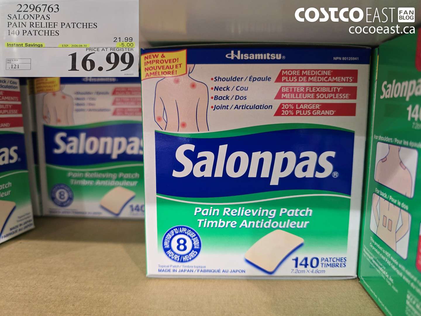 2296763 SALONPAS PAIN RELIEF PATCHES 140 PATCHES ($5.00 INSTANT SAVINGS EXPIRES ON 2026-08-30) $16.99