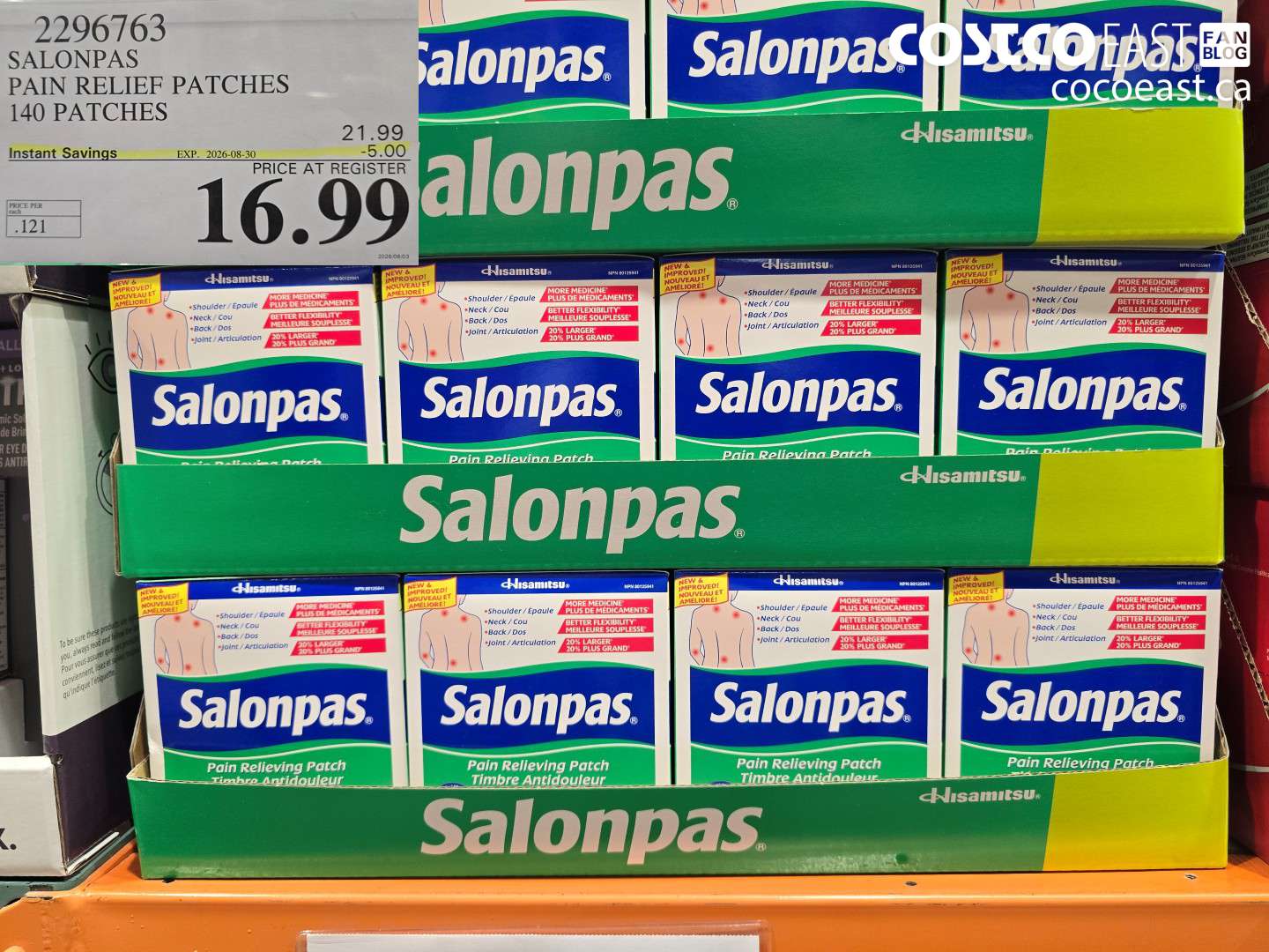 2296763 SALONPAS PAIN RELIEF PATCHES 140 PATCHES ($5.00 INSTANT SAVINGS EXPIRES ON 2026-08-30) $16.99