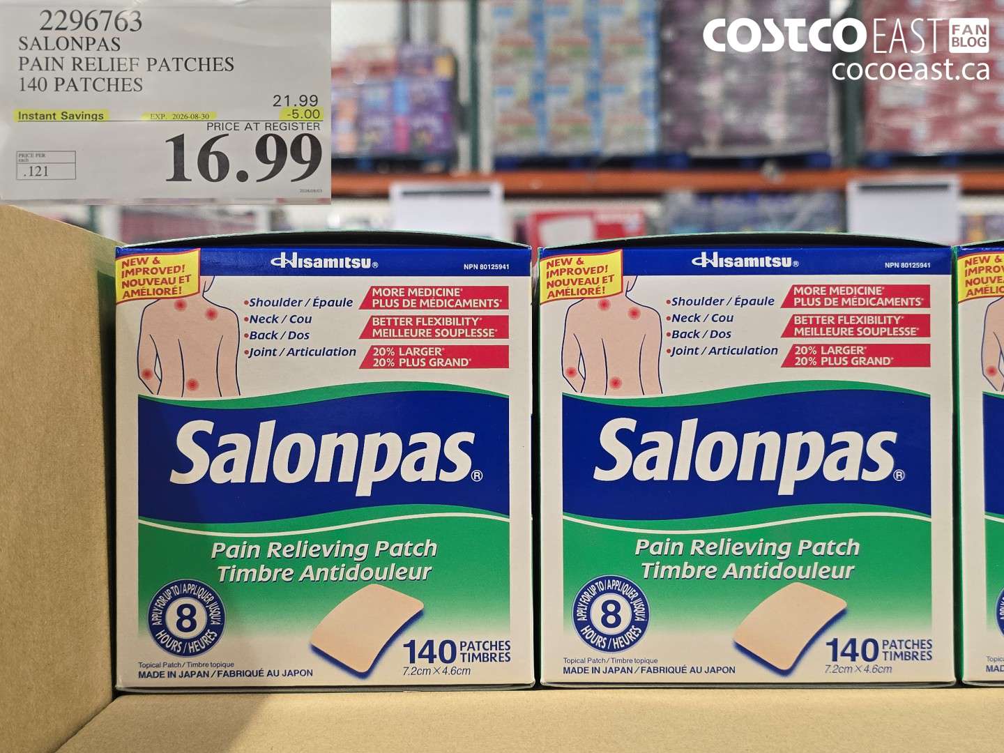 2296763 SALONPAS PAIN RELIEF PATCHES 140 PATCHES ($5.00 INSTANT SAVINGS EXPIRES ON 2026-08-30) $16.99