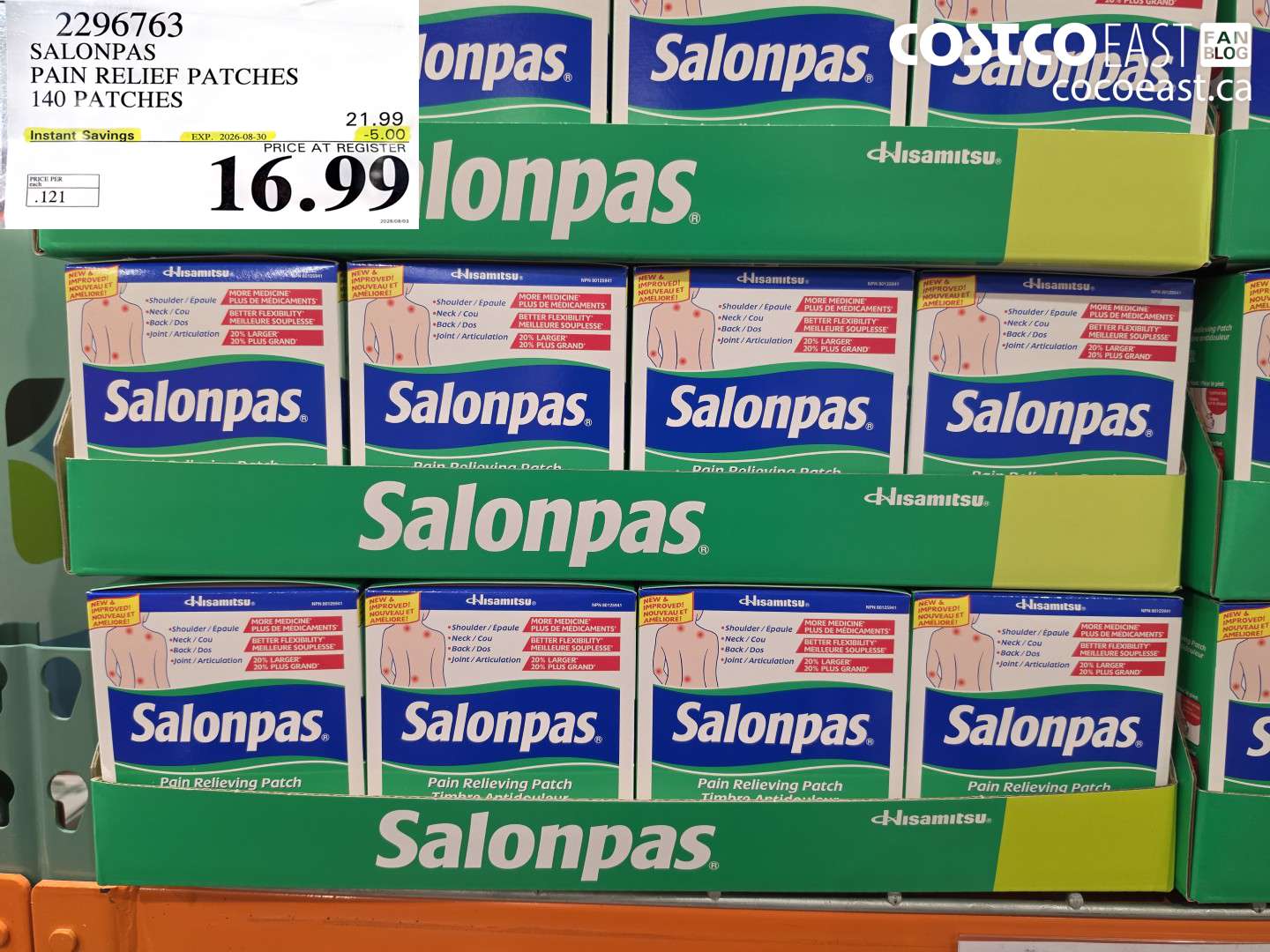 2296763 SALONPAS PAIN RELIEF PATCHES 140 PATCHES ($5.00 INSTANT SAVINGS EXPIRES ON 2026-08-30) $16.99