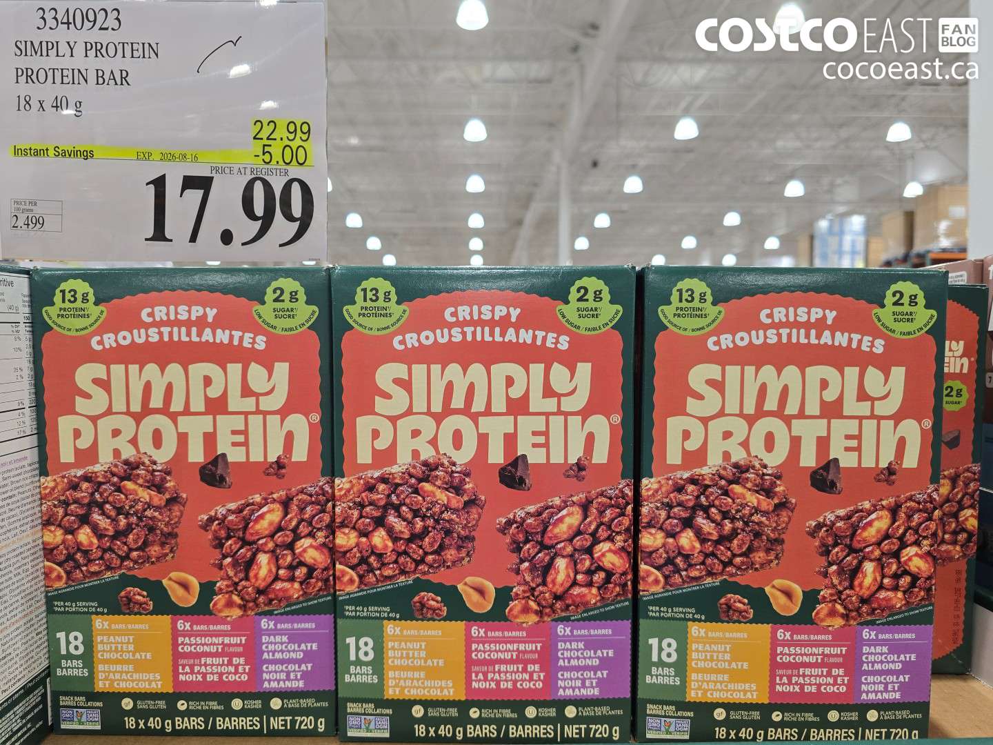 3340923 SIMPLY PROTEIN PROTEIN BAR 18 X 40 G ($5.00 INSTANT SAVINGS EXPIRES ON 2026-08-16) $17.99