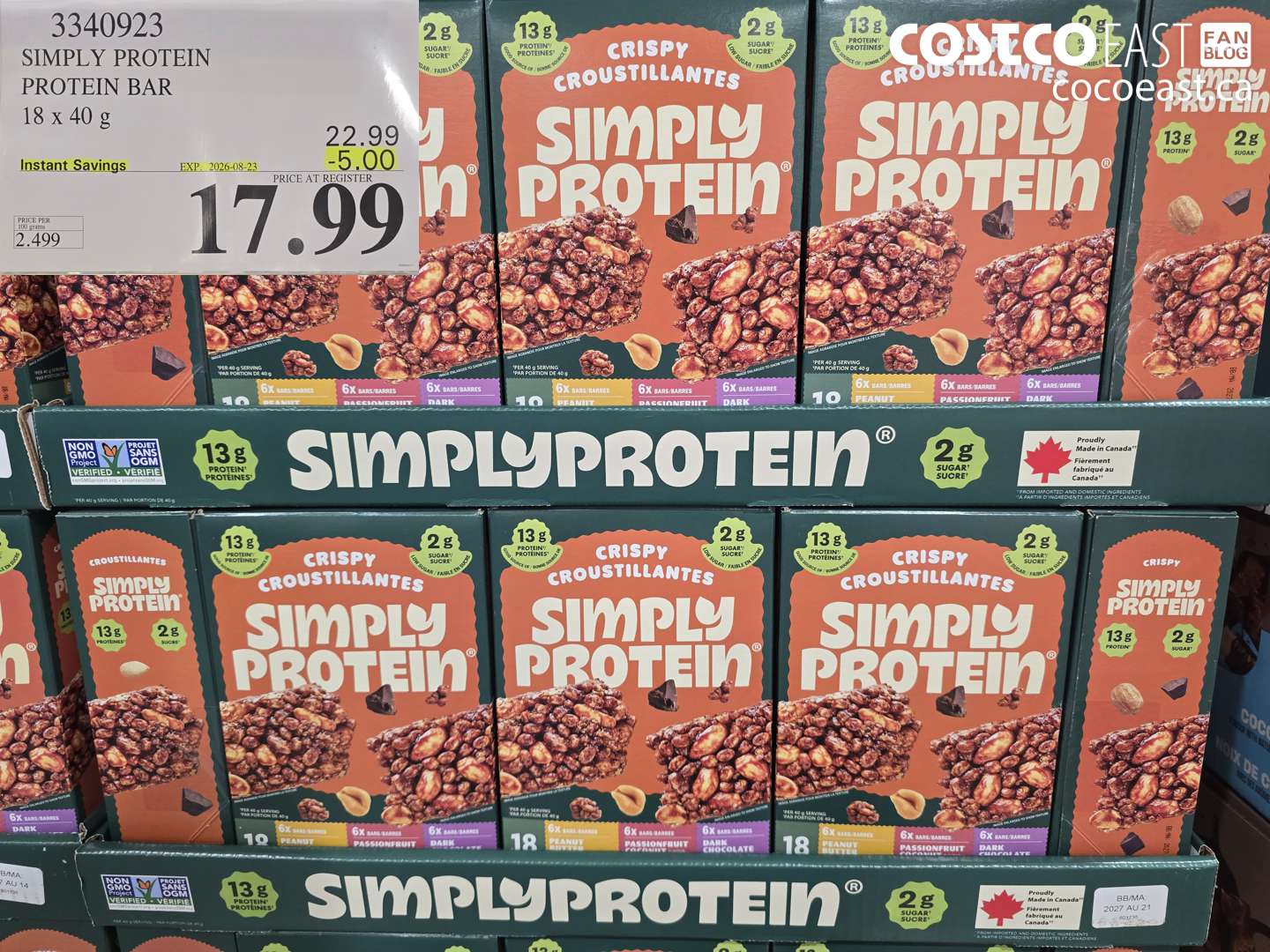 3340923 SIMPLY PROTEIN PROTEIN BAR 18 X 40 G ($5.00 INSTANT SAVINGS EXPIRES ON 2026-08-23) $17.99