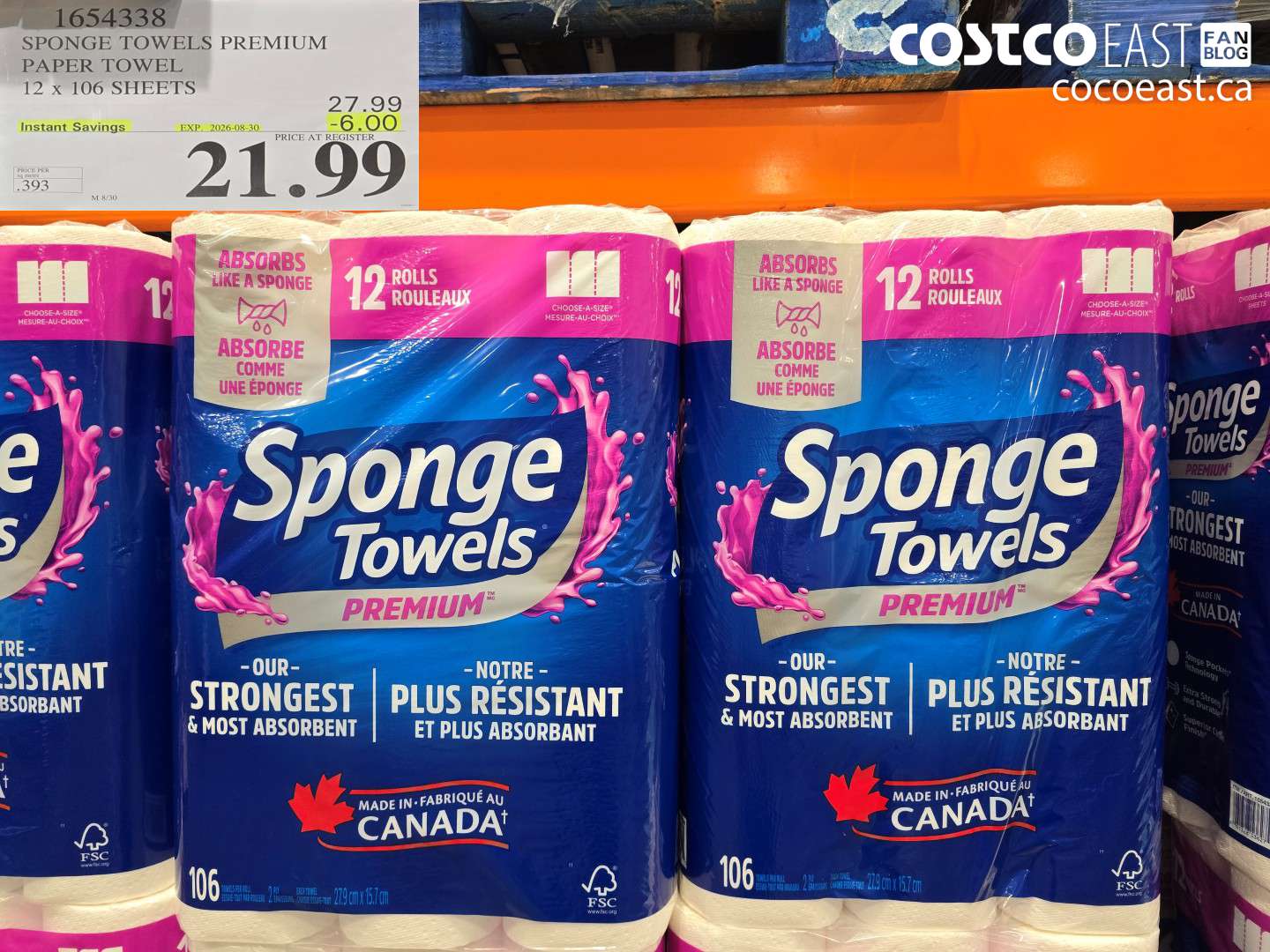 1654338 SPONGE TOWELS PREMIUM PAPER TOWEL 12 X 106 SHEETS ($6.00 INSTANT SAVINGS EXPIRES ON 2026-08-30) $21.99