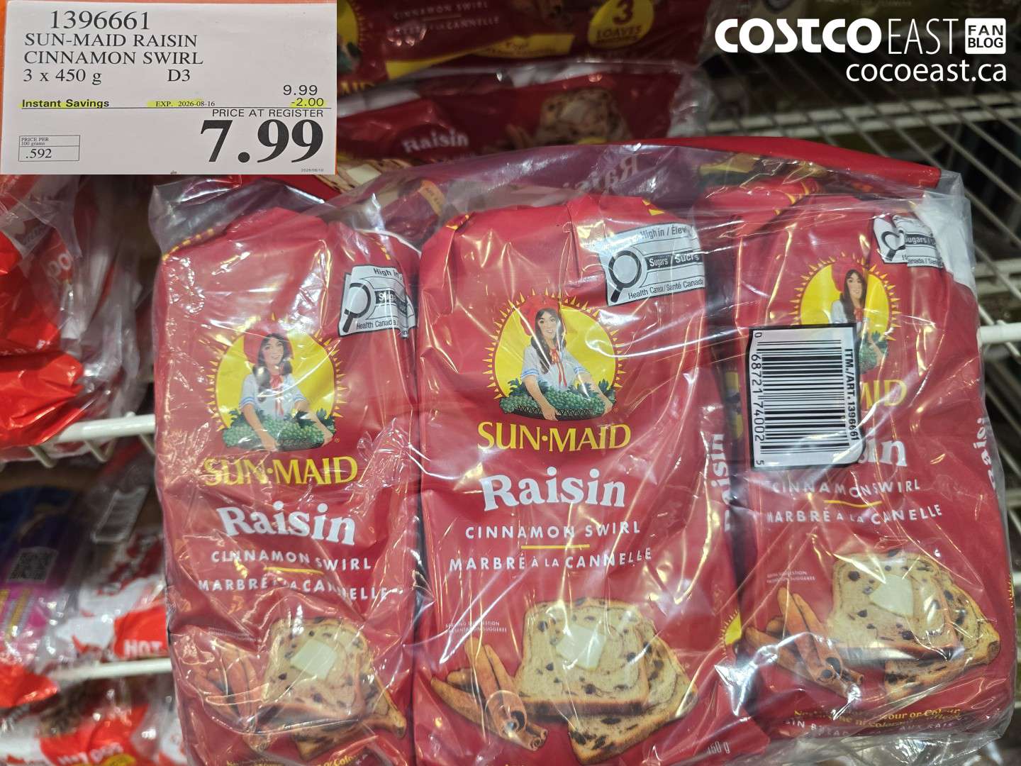 1396661 SUN-MAID RAISIN CINNAMON SWIRL 3 X 450 G ($2.00 INSTANT SAVINGS EXPIRES ON 2026-08-16) $7.99