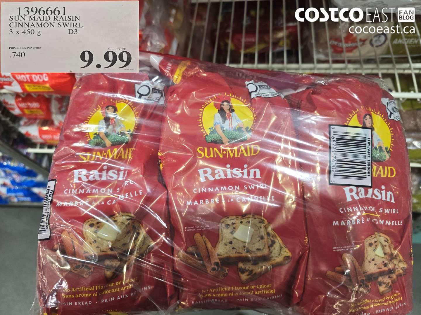 1396661 SUN-MAID RAISIN CINNAMON SWIRL 3 X 450 G $9.99