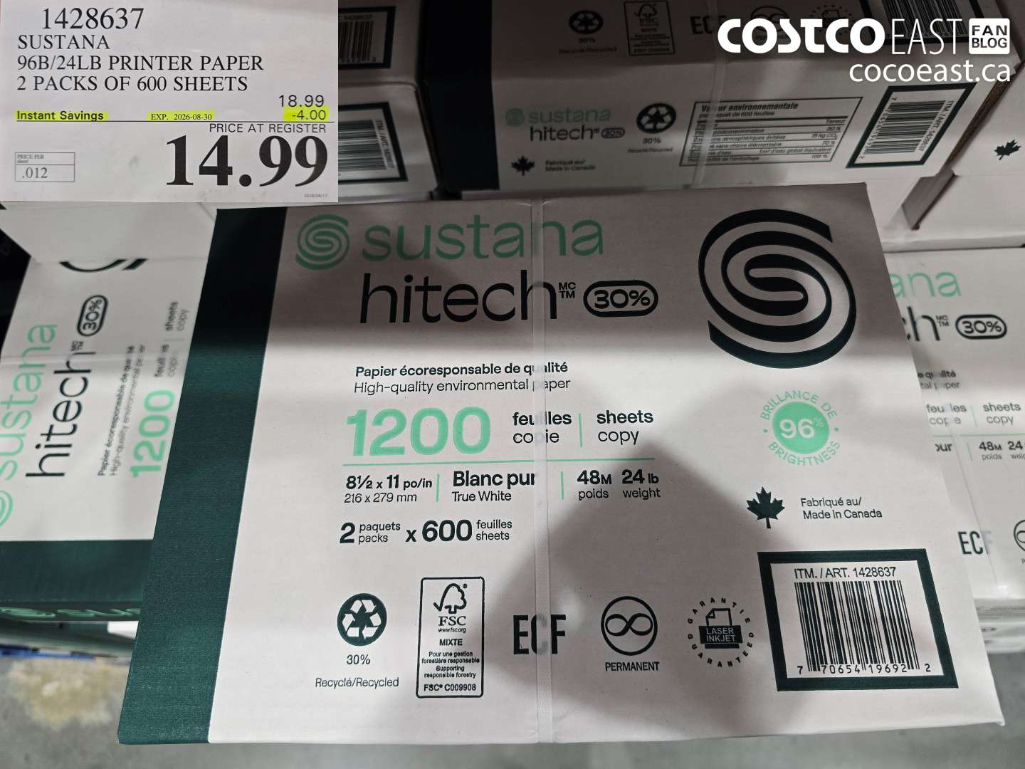 1428637 SUSTANA 96B/24LB PRINTER PAPER 2 PACKS OF 600 SHEETS ($4.00 INSTANT SAVINGS EXPIRES ON 2026-08-30) $14.99