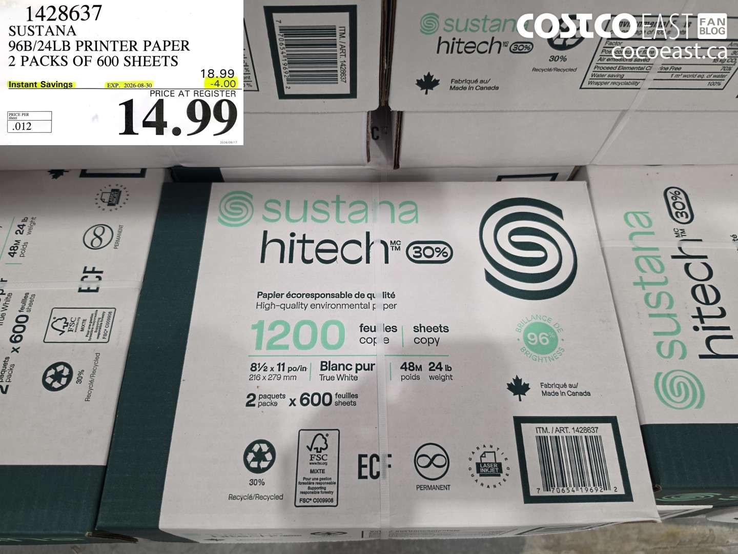 1428637 SUSTANA 96B/24LB PRINTER PAPER 2 PACKS OF 600 SHEETS ($4.00 INSTANT SAVINGS EXPIRES ON 2026-08-30) $14.99