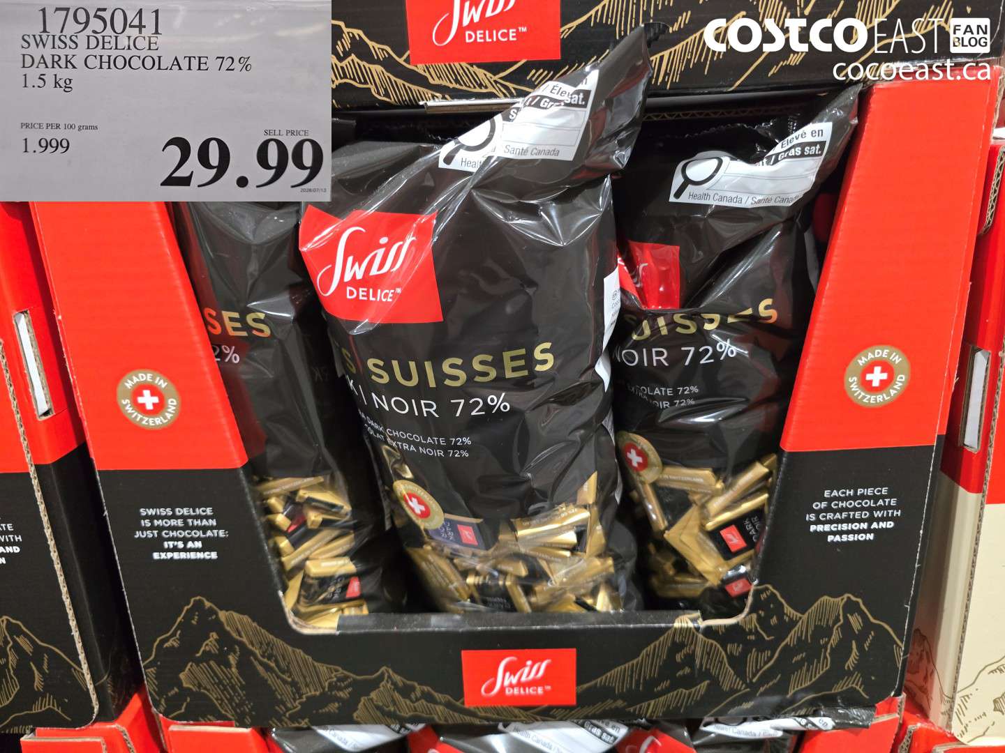 1795041 SWISS DELICE DARK CHOCOLATE 72% 1.5 KG $29.99