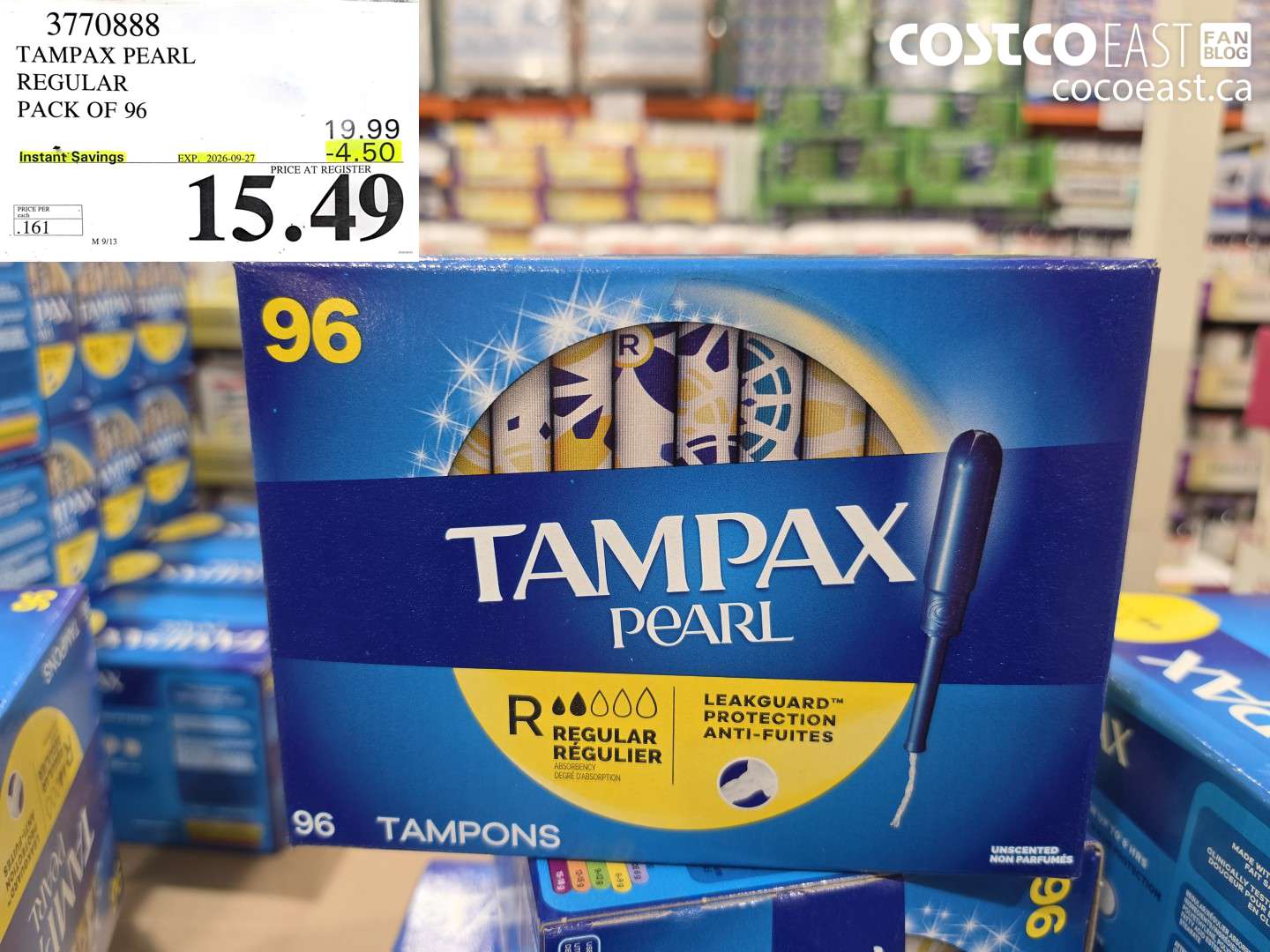 3770888 TAMPAX PEARL REGULAR PACK OF 96 ($4.50 INSTANT SAVINGS EXPIRES ON 2026-09-27) $15.49