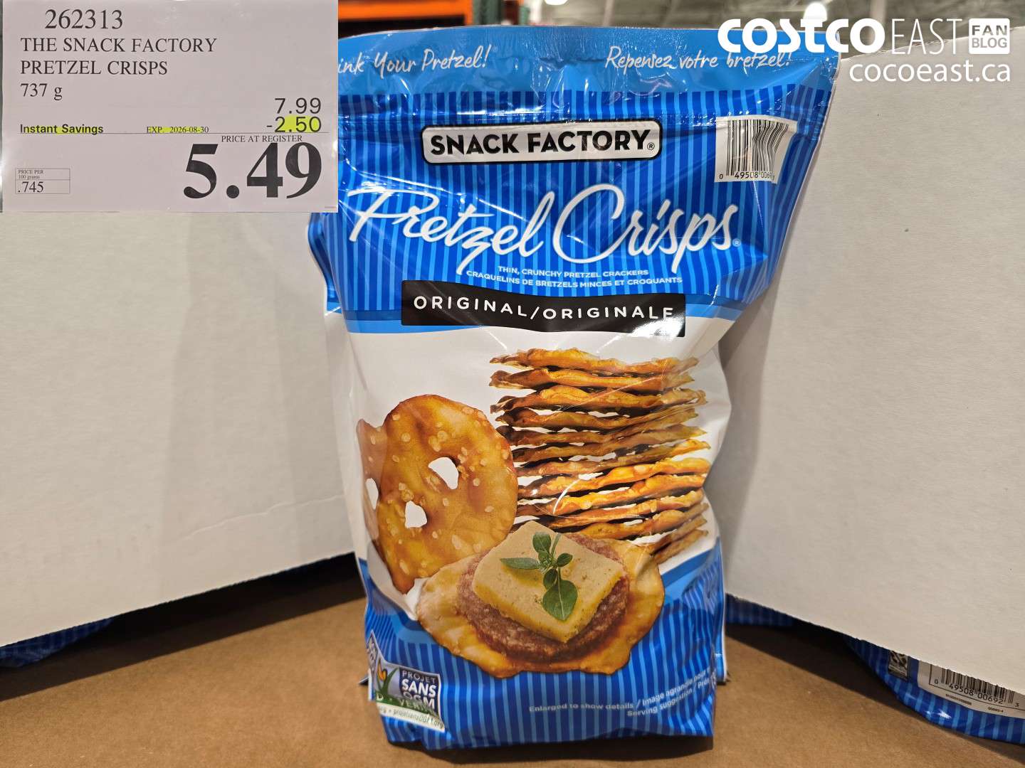 262313 THE SNACK FACTORY PRETZEL CRISPS 737 G ($2.50 INSTANT SAVINGS EXPIRES ON 2026-08-30) $5.49