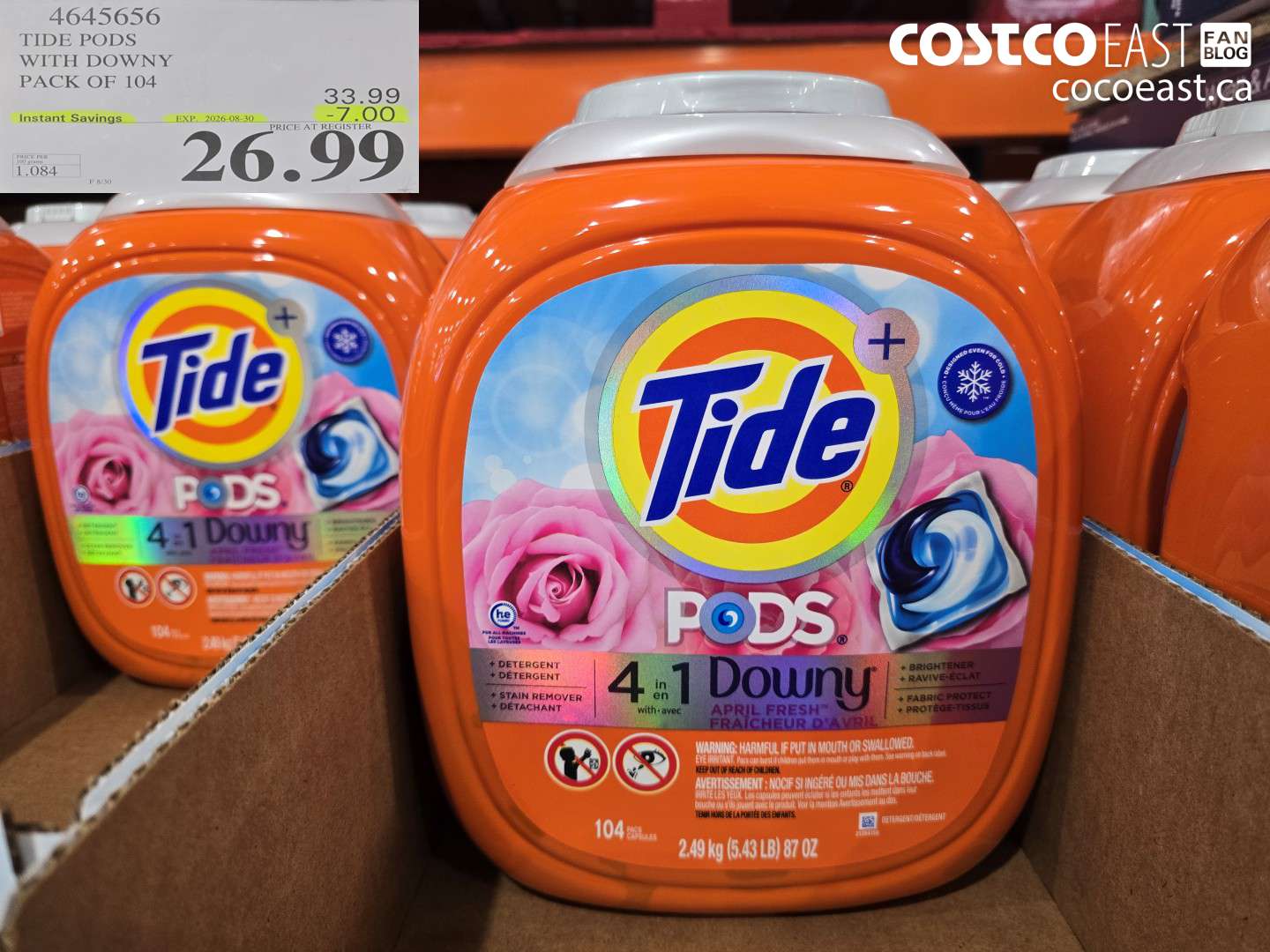 4645656 TIDE PODS WITH DOWNY PACK OF 104 ($7.00 INSTANT SAVINGS EXPIRES ON 2026-08-30) $26.99