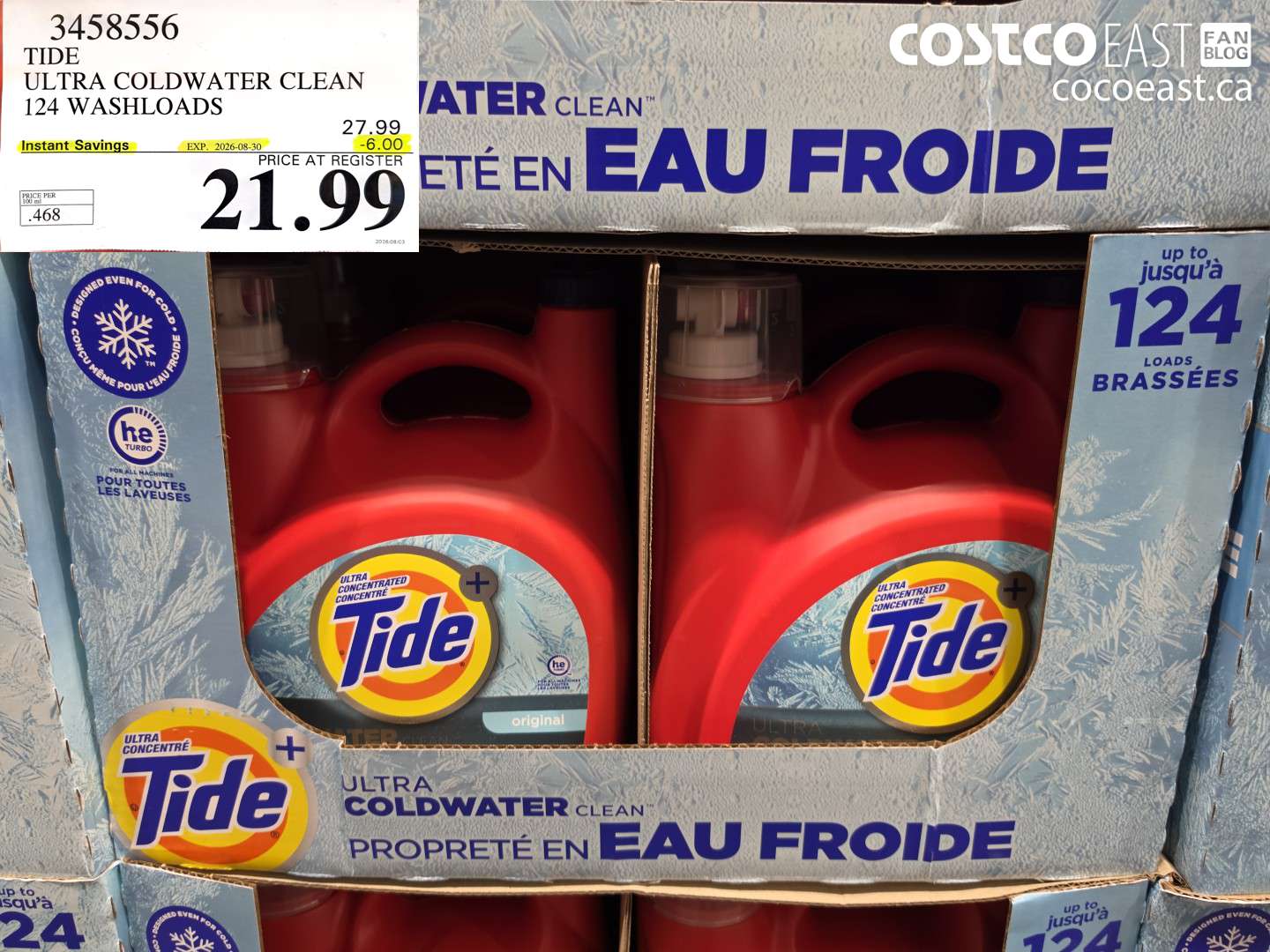 3458556 TIDE ULTRA COLDWATER CLEAN 124 WASHLOADS ($6.00 INSTANT SAVINGS EXPIRES ON 2026-08-30) $21.99