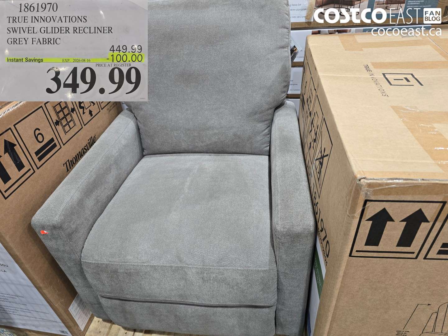 1861970 TRUE INNOVATIONS SWIVEL GLIDER RECLINER GREY FABRIC ($100.00 INSTANT SAVINGS EXPIRES ON 2026-08-16) $349.99