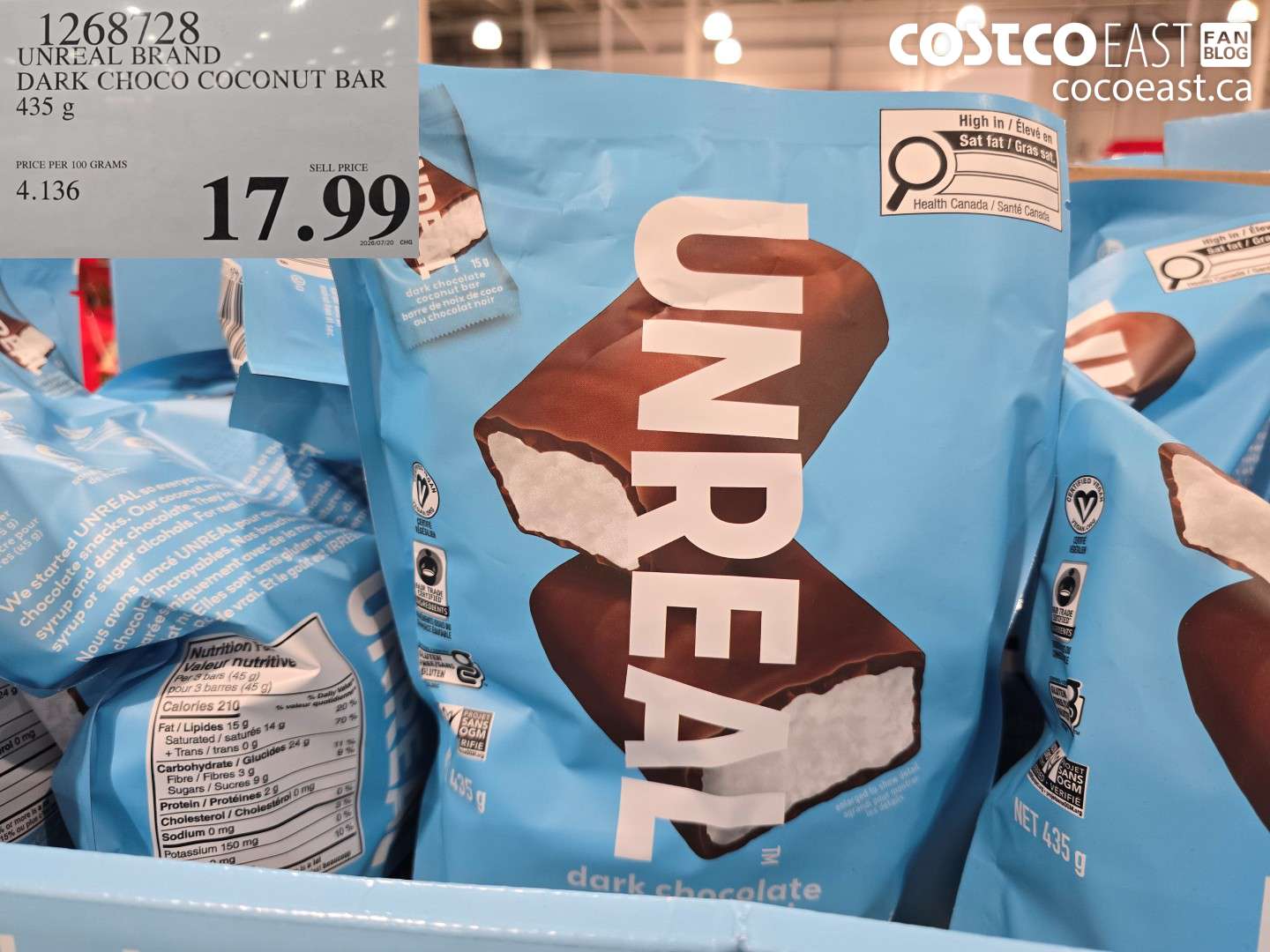 1268728 UNREAL BRAND DARK CHOCO COCONUT BAR 435 G $17.99