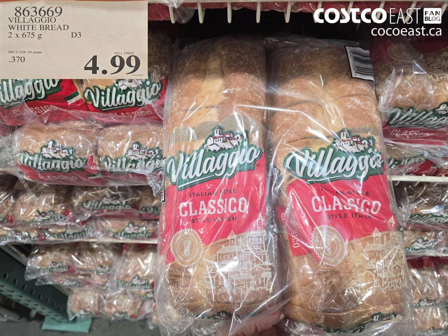 863669 VILLAGGIO WHITE BREAD 2 X 675 G $4.99