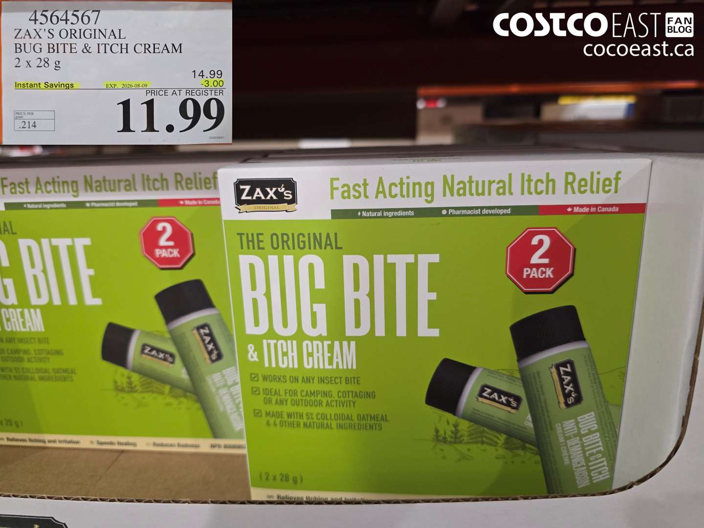 4564567 ZAX'S ORIGINAL BUG BITE & ITCH CREAM 2 X 28 G ($3.00 INSTANT SAVINGS EXPIRES ON 2026-08-09) $11.99