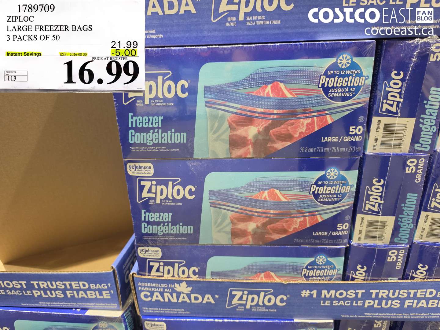 1789709 ZIPLOC LARGE FREEZER BAGS 3 PACKS OF 50 ($5.00 INSTANT SAVINGS EXPIRES ON 2026-08-30) $16.99