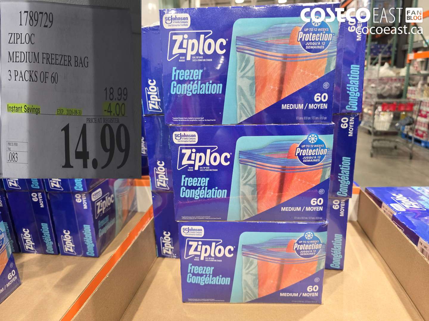 1789729 ZIPLOC MEDIUM FREEZER BAG 3 PACKS OF 60 ($4.00 INSTANT SAVINGS EXPIRES ON 2026-08-30) $14.99