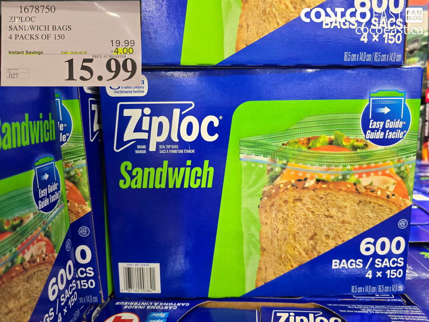 1678750 ZIPLOC SANDWICH BAGS 4 PACKS OF 150 ($4.00 INSTANT SAVINGS EXPIRES ON 2026-08-30) $15.99