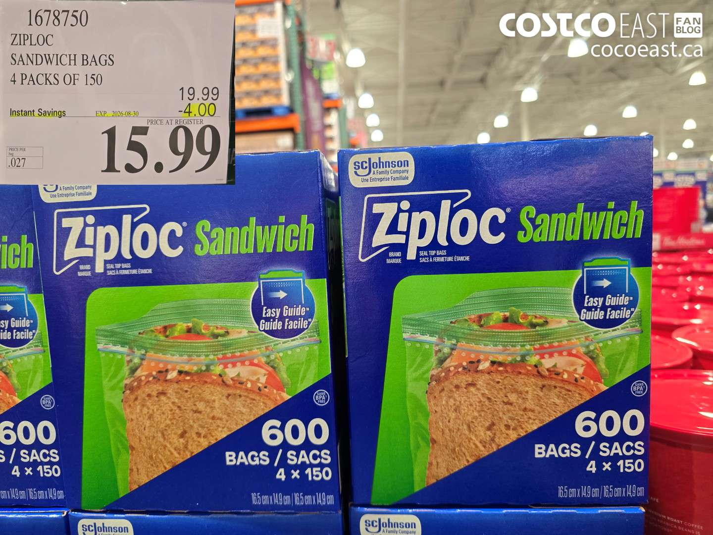 1678750 ZIPLOC SANDWICH BAGS 4 PACKS OF 150 ($4.00 INSTANT SAVINGS EXPIRES ON 2026-08-30) $15.99