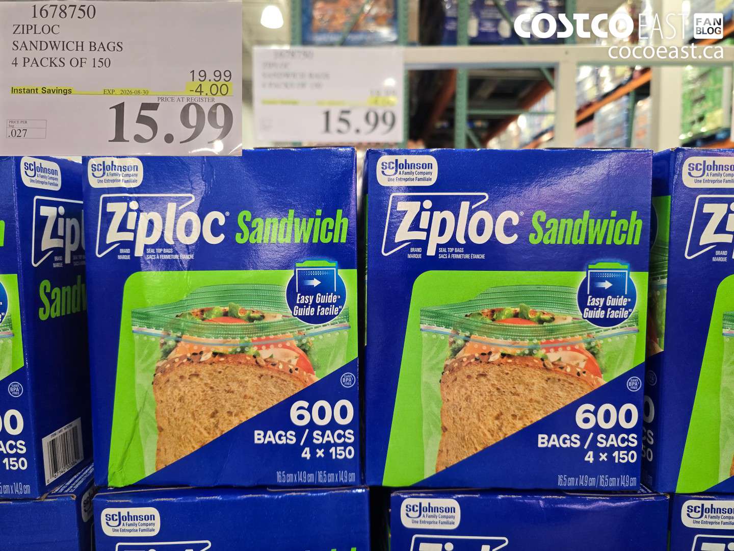 1678750 ZIPLOC SANDWICH BAGS 4 PACKS OF 150 ($4.00 INSTANT SAVINGS EXPIRES ON 2026-08-30) $15.99