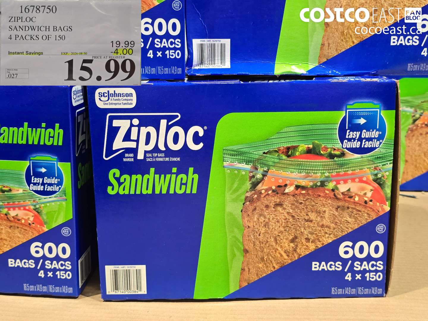 1678750 ZIPLOC SANDWICH BAGS 4 PACKS OF 150 ($4.00 INSTANT SAVINGS EXPIRES ON 2026-08-30) $15.99