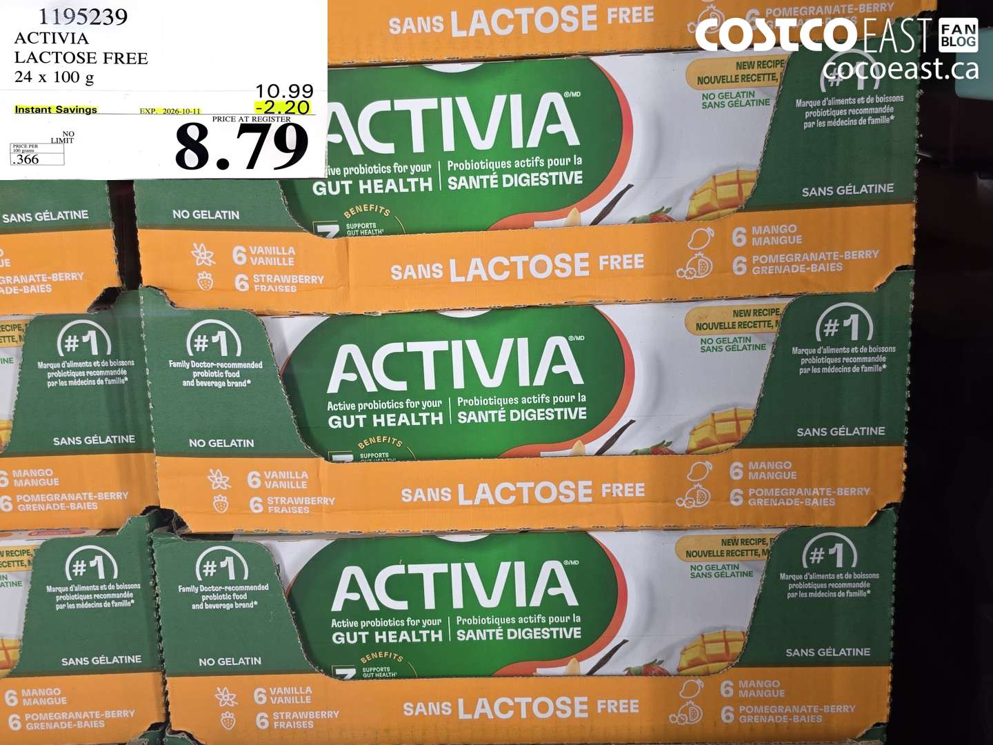 1195239 ACTIVIA LACTOSE FREE 24 X 100 G ($2.20 INSTANT SAVINGS EXPIRES ON 2026-10-11) $8.79