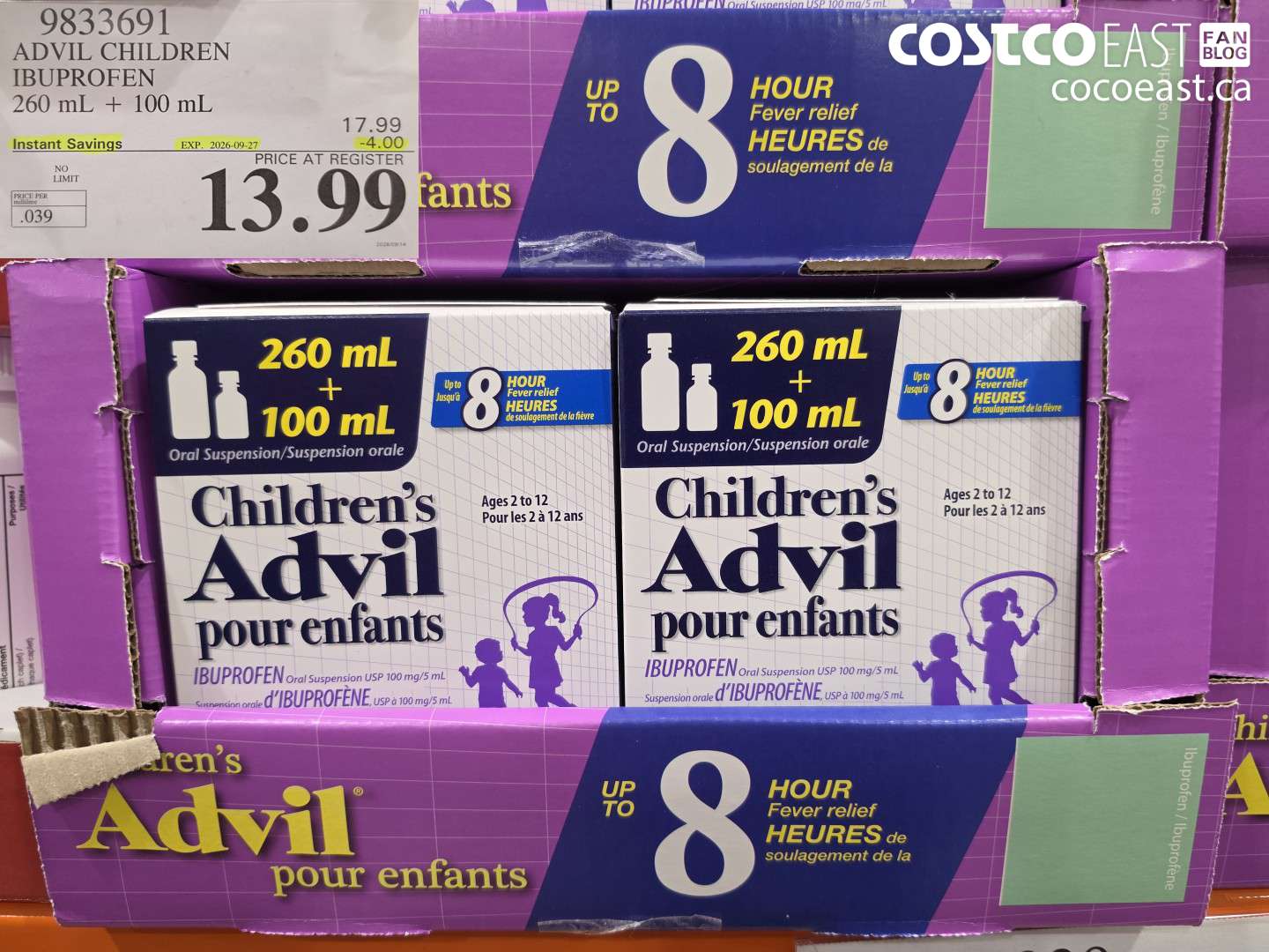 9833691 ADVIL CHILDREN IBUPROFEN 260 ML + 100 ML ($4.00 INSTANT SAVINGS EXPIRES ON 2026-09-27) $13.99